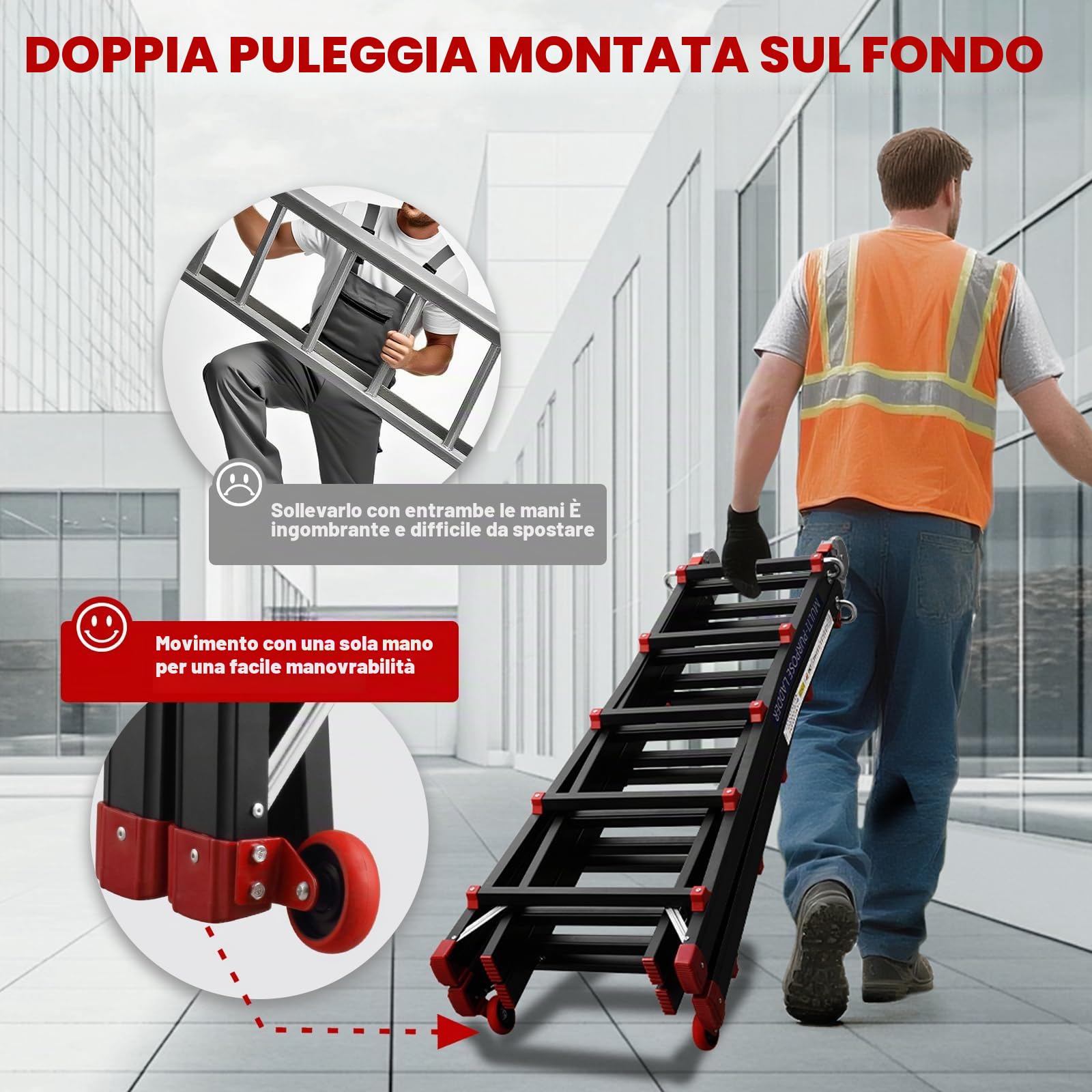 TEENO Scala Pieghevole Multifunzione 5,1 m, Scala telescopica con 2 Rimovibile Ruote e Base Rinforzata Triangolare, 5x5 Gradini, Carico 150KG, Nero