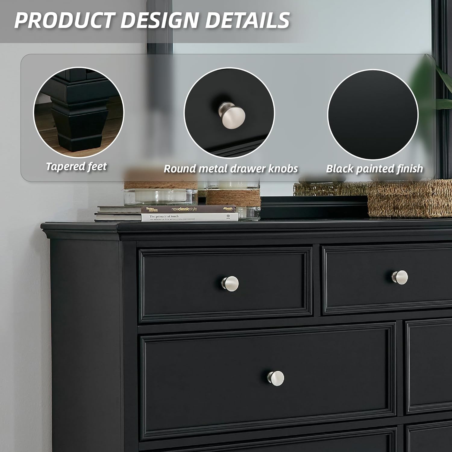 Signature Design by Ashley Lanolee Modern 7-Drawer Dresser and Mirror with Safety Stop, Classic Style, Sturdy Wood, Birch Veneer, Framed Drawer Fronts, Metal Drawer Knobs, Pewter-Tone Finish, Black