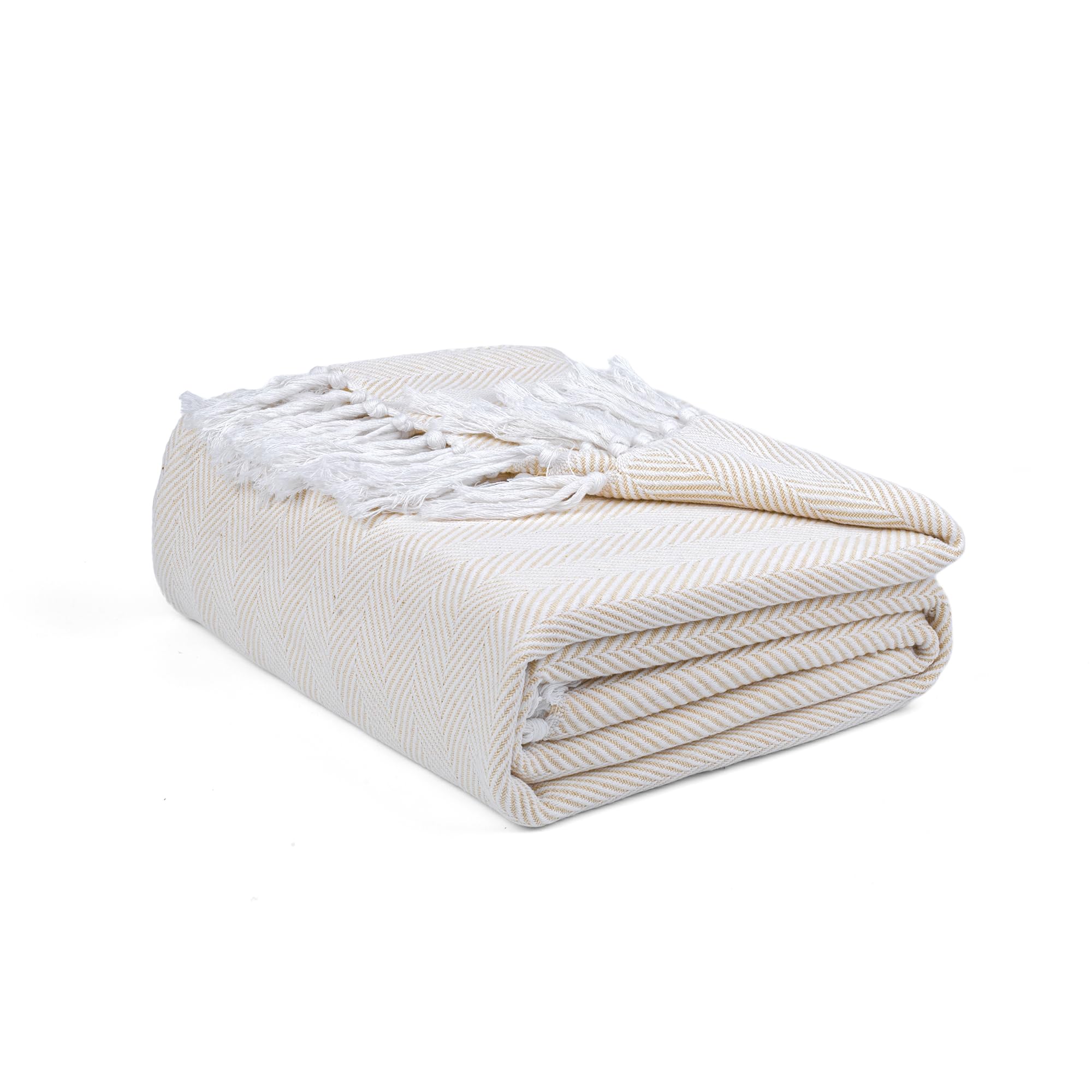 Ehc Natural Herringbone Throw, Handwoven Cotton Throws For Sofas Bed Sofa Settee Couch Reversible Bed Cover Over Blanket, Single 127 X 152 Cm,
