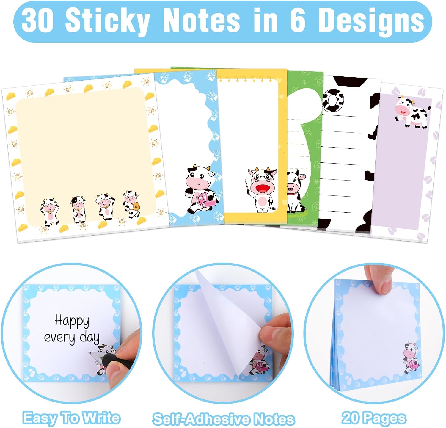 30 Pcs Cow Sticky Notes 600 Sheets Cute Notepad Self Stick Notepads Adhesive Memo Pad for Message Reminder Gifts Diary Lists School Teacher Office Supplies image 2