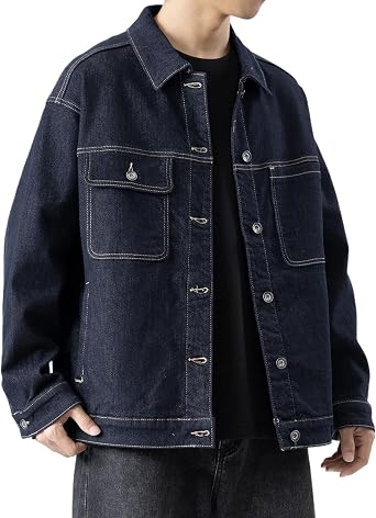Mens Autumn Denim Jacket,Loose Fit Workwear Casual Coat,Fleece Lined Thickened Top