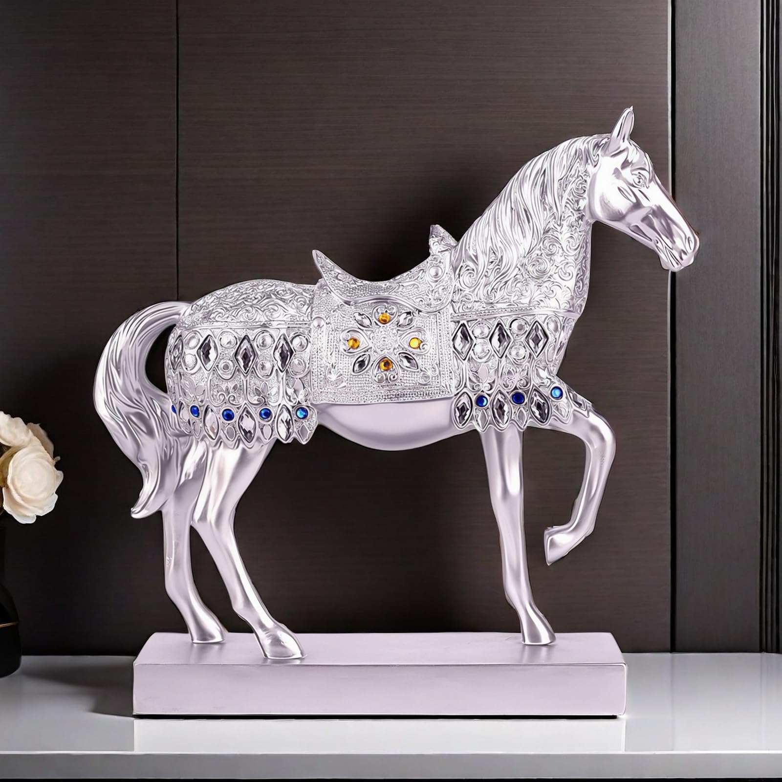 FUNSXBUG Chinese Feng Shui Horse Statue Sculpture Home Office Decoration Tabletop Decor Ornaments for Wealth and Success Good Lucky Gifts Silver