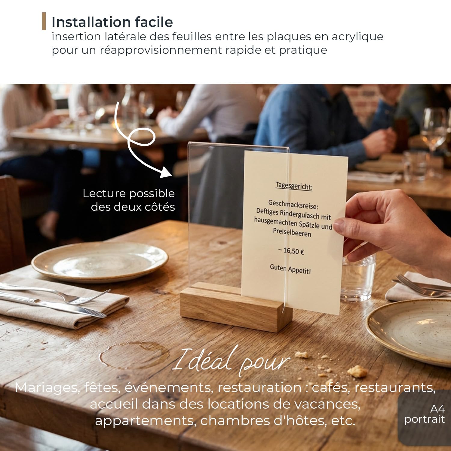 HMF 46944 Présentoir de table en acrylique avec pied en bois | Porte-affiche DIN A4 format portrait | Présentoir de buffet apéritif transparent | 20 pièces