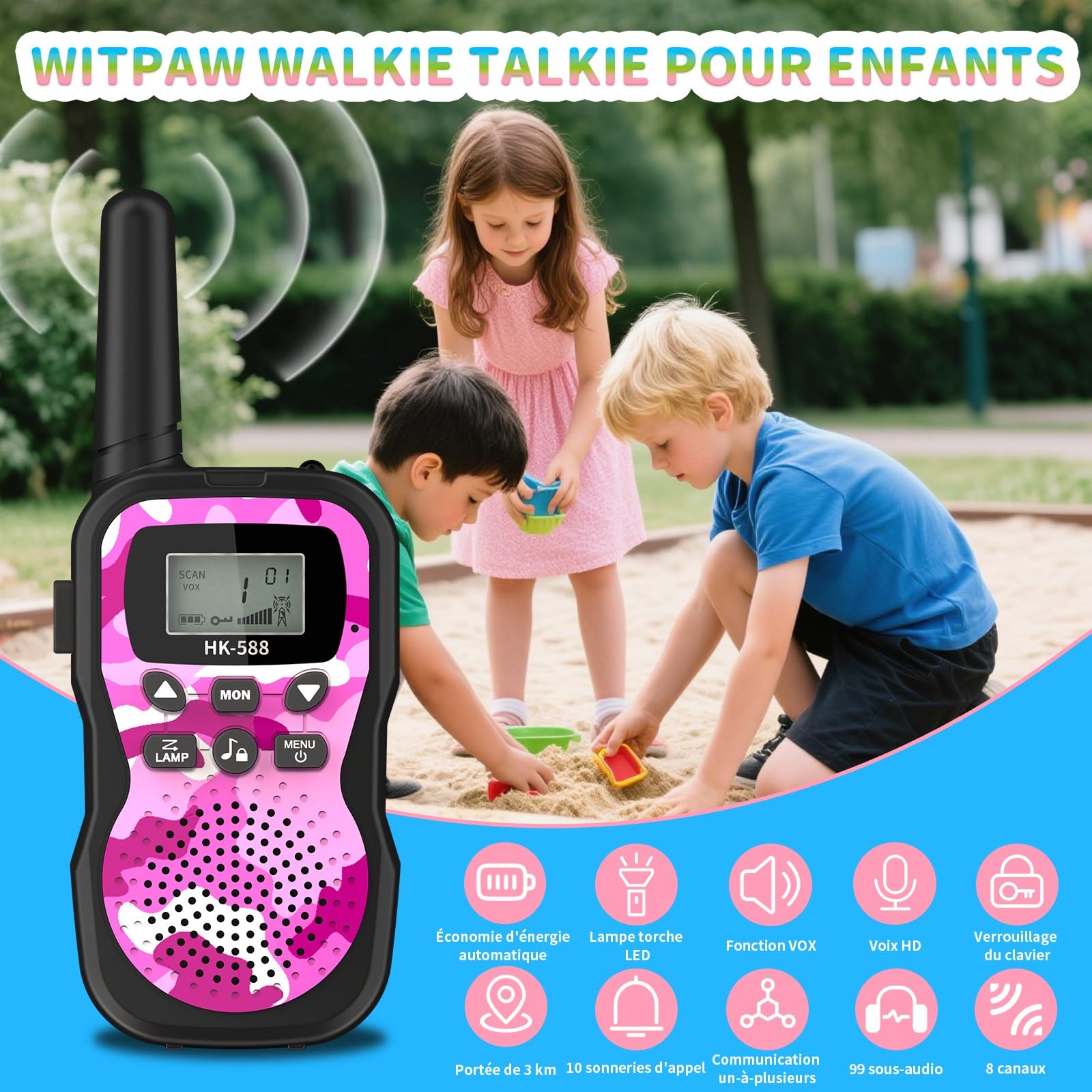Walkie-Talkies pour Enfants Rechargeables 8 Canaux Autonomie 48h Torche Portée 3KM Camping Jeux