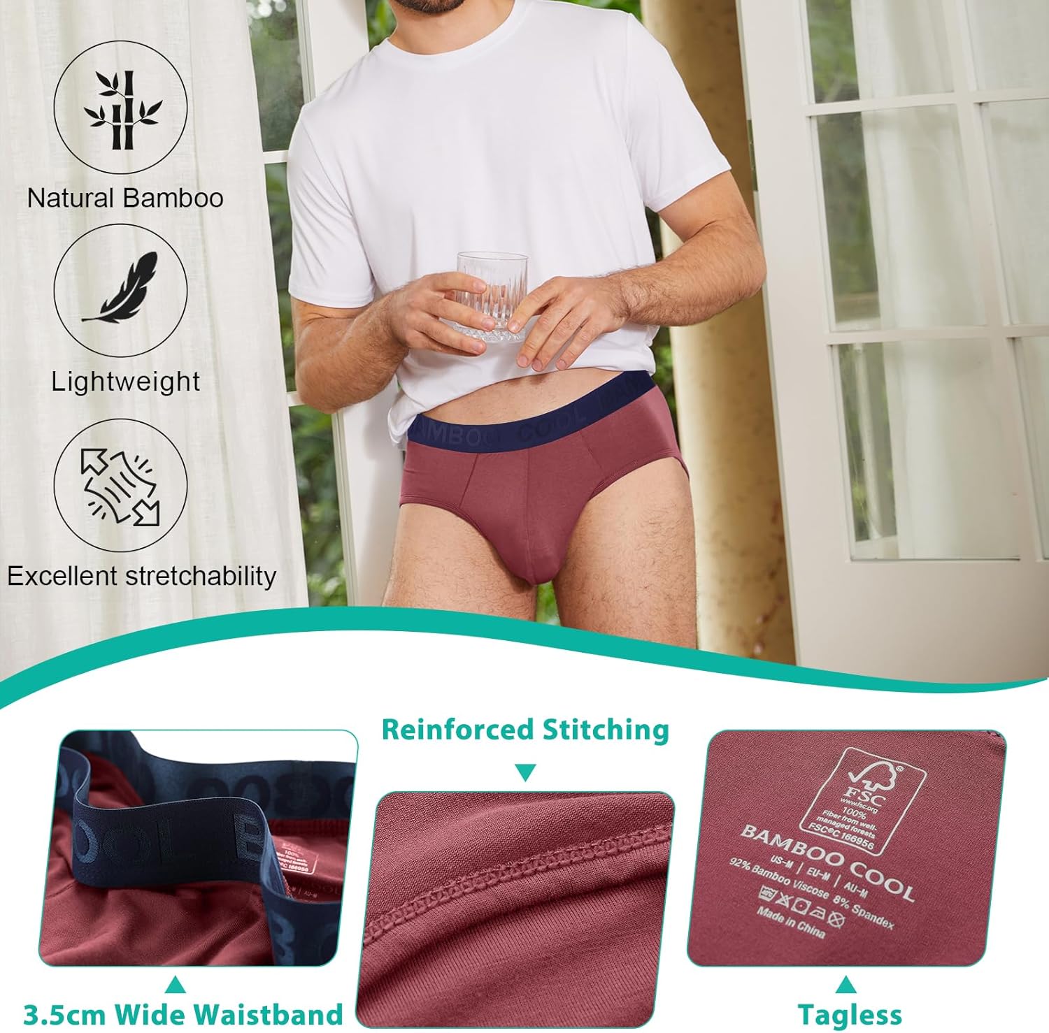 BAMBOO COOL Men's Tagless Briefs Coverd Waistband Comfort Soft Underwear with Contour Pouch Breathable Underpants, Multipacks - Image 3