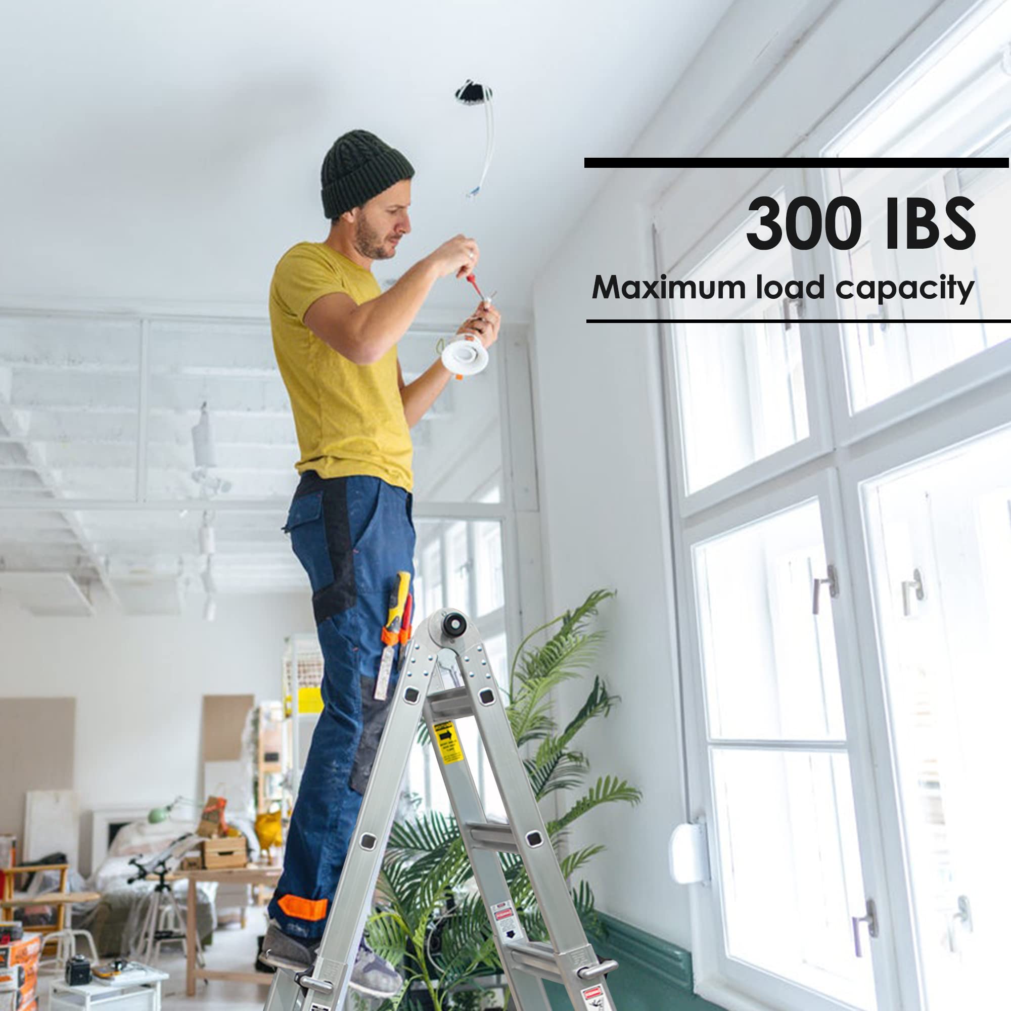 Aluminum Telescopic Ladder, Multi-Purpose Telescopic Ladder, Collapsible Ladder Extension,Max Extension Reach 17 ft with Two Wheels,Rated Load 300 Lbs (Load Capacity Type IA