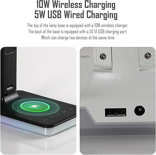 Miniatura 7 de Lámpara de escritorio LED con carga inalámbrica y por cable, luz de mesa plegable, 5 modos de brillo y 3 modos de iluminación, pantalla de tiempo y