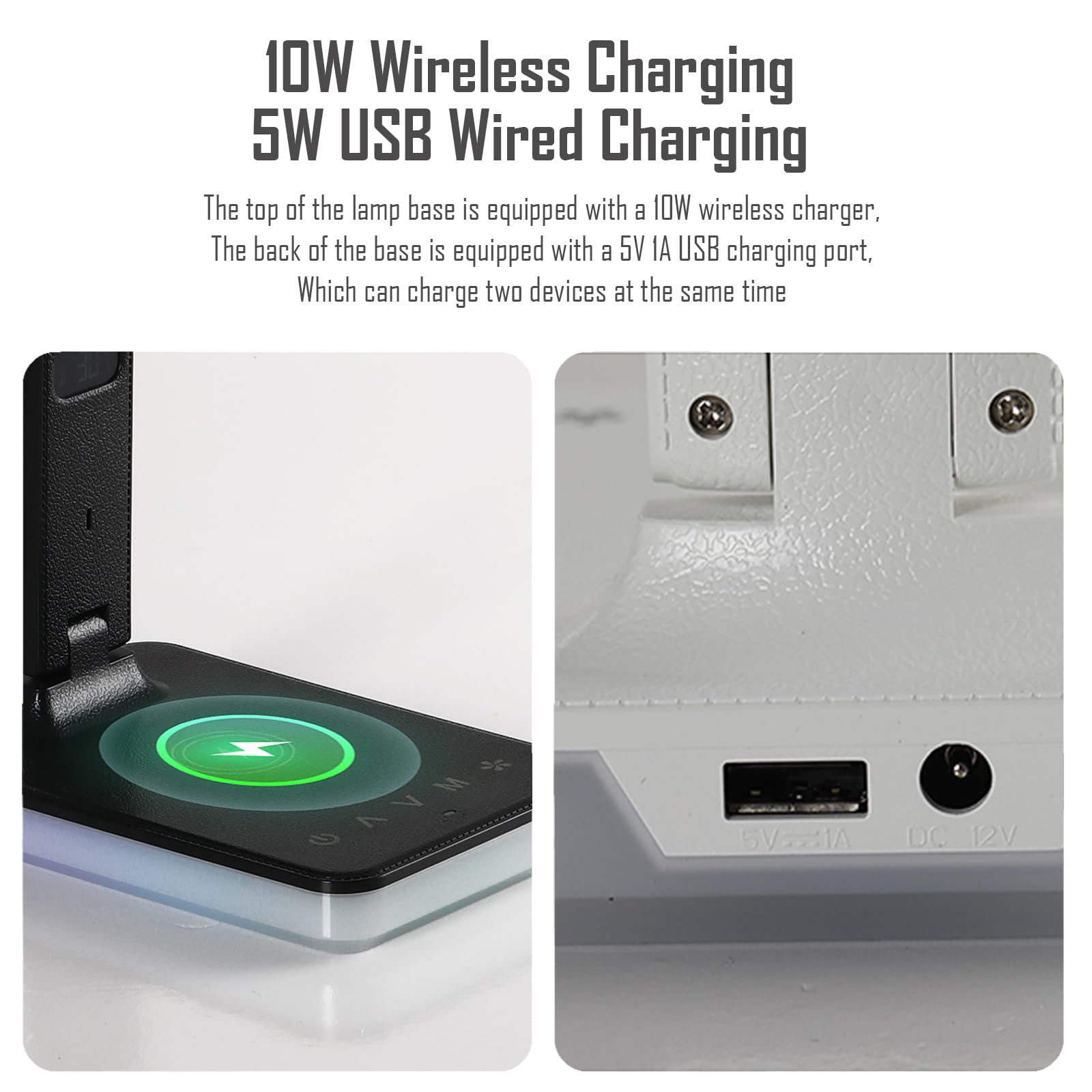 Lampada da tavolo a LED con ricarica wireless e cablata, lampada da tavolo pieghevole, 5 luminosità e 3 modalità di illuminazione, visualizzazione ora e temperatura, luce notturna RGB
