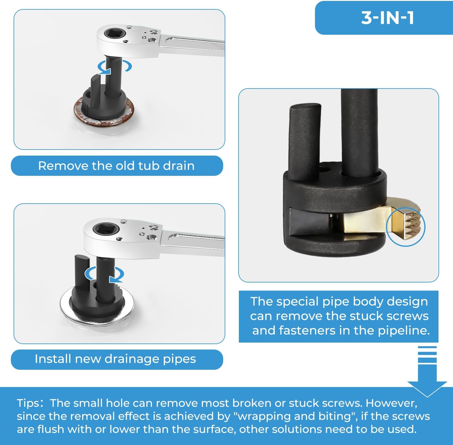 Tub drain removal tool, Remove the damaged, corroded or rusted drainage extractor, applicable to 3/8-inch ratchet wrench - gold