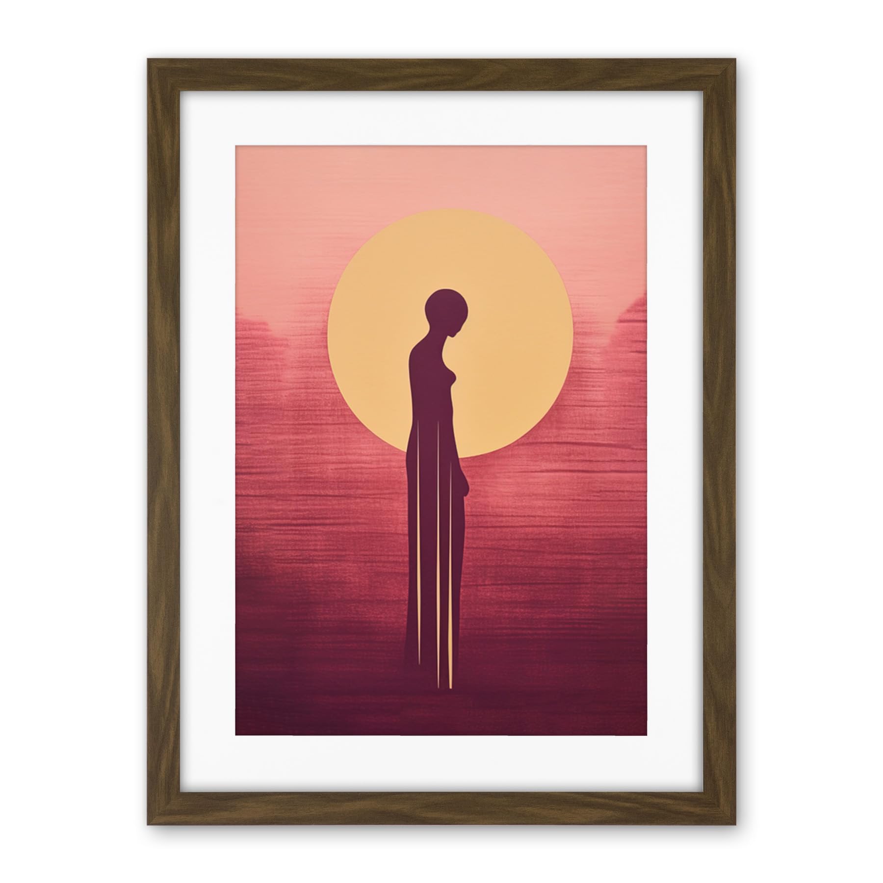 Artery8 Sunrise Solitude Minimalist Artwork Plum Pink Gold African Woman Silhouette in Golden Sun Halo Artwork Framed Wall Art Print 18X24 Inch
