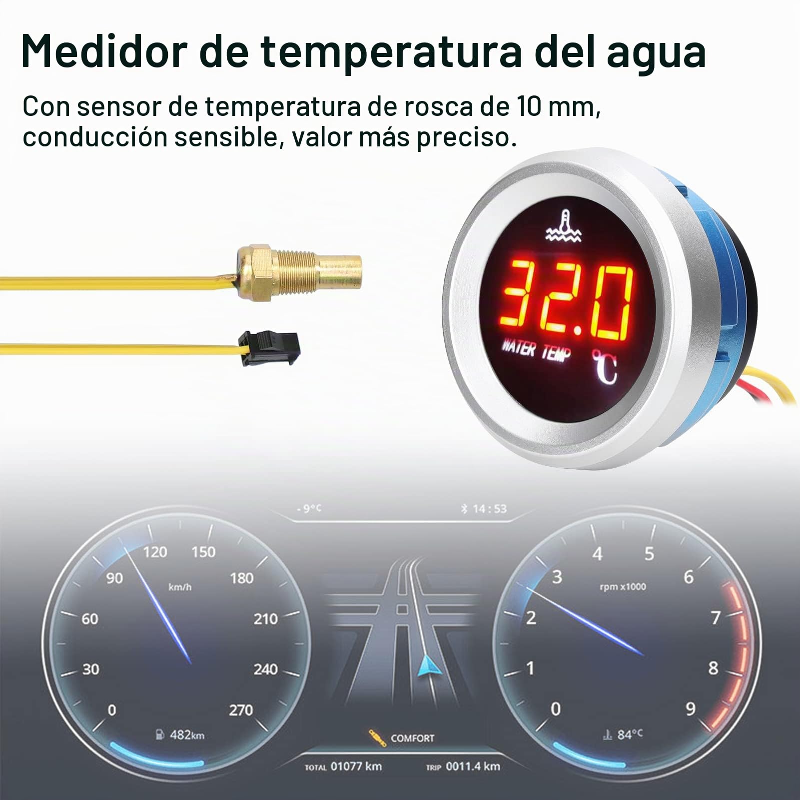 9-36V Medidor de Temperatura del Agua de 52mm,medidor Digital de Coche,Pantalla LED de con función de Alarma de Sensor de Temperatura