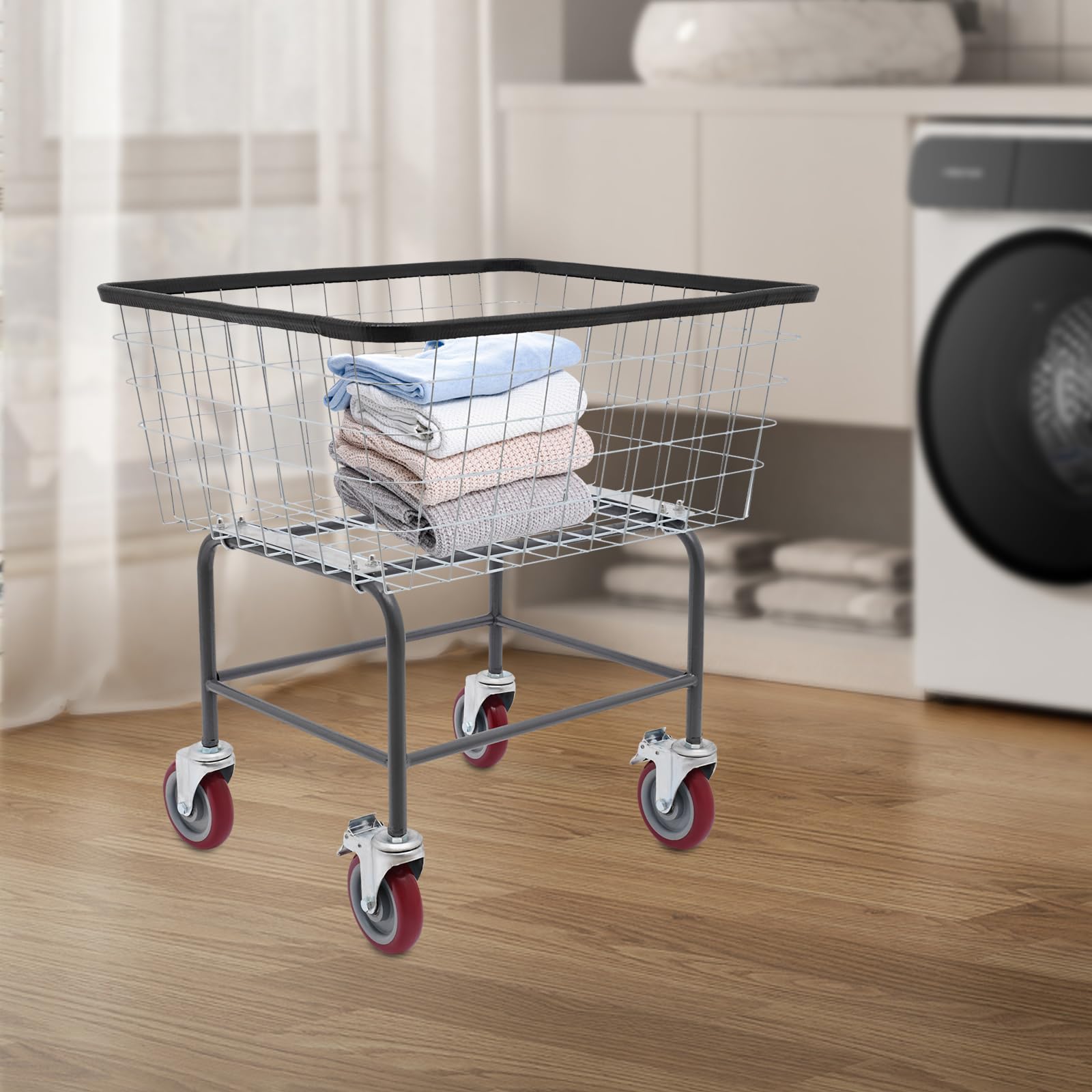 Wire Laundry Cart 2.2 Bushel With Wheels 20''x15.7''x26'', Commercial Basket Cart, Galvanized Steel Frame, Heavy Duty for Clothes Storage