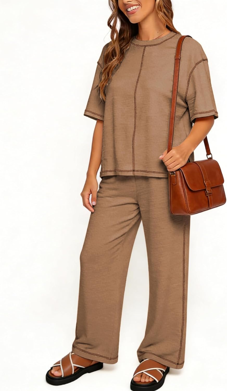 LTSCNRM Women‘s 2 Piece Sweater Set Short Sleeve Pullover Top Elastic Waist Straight Leg Pants with Pocket Knit Lounge Set - Image 4