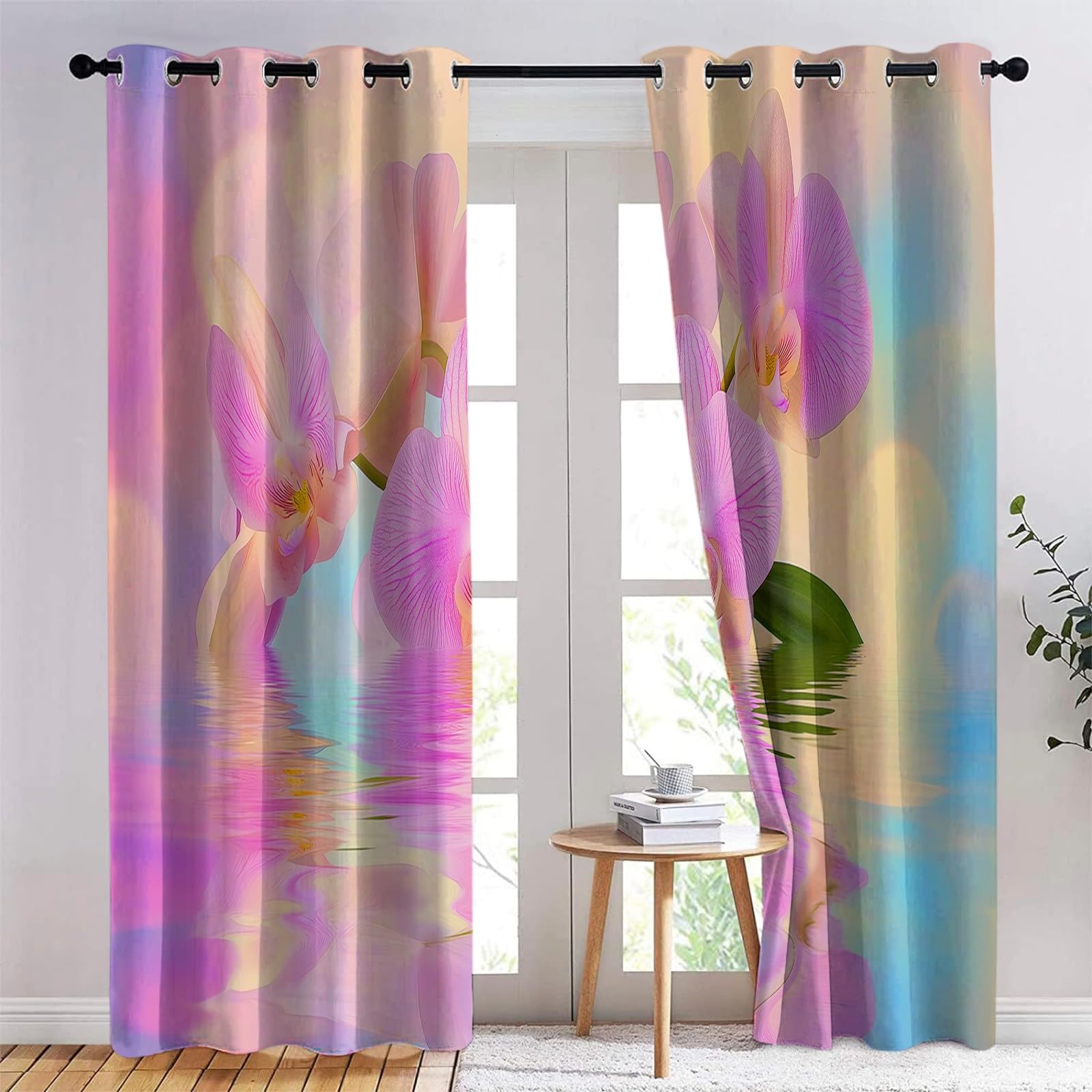 2 panele Zasłony zaciemniające 110 x 215 cm, wymarzona orchidea z nadrukiem z oczkami dla dziewczynek i chłopców, wystrój salonu, miękka i odporna na zmarszczki, różowa