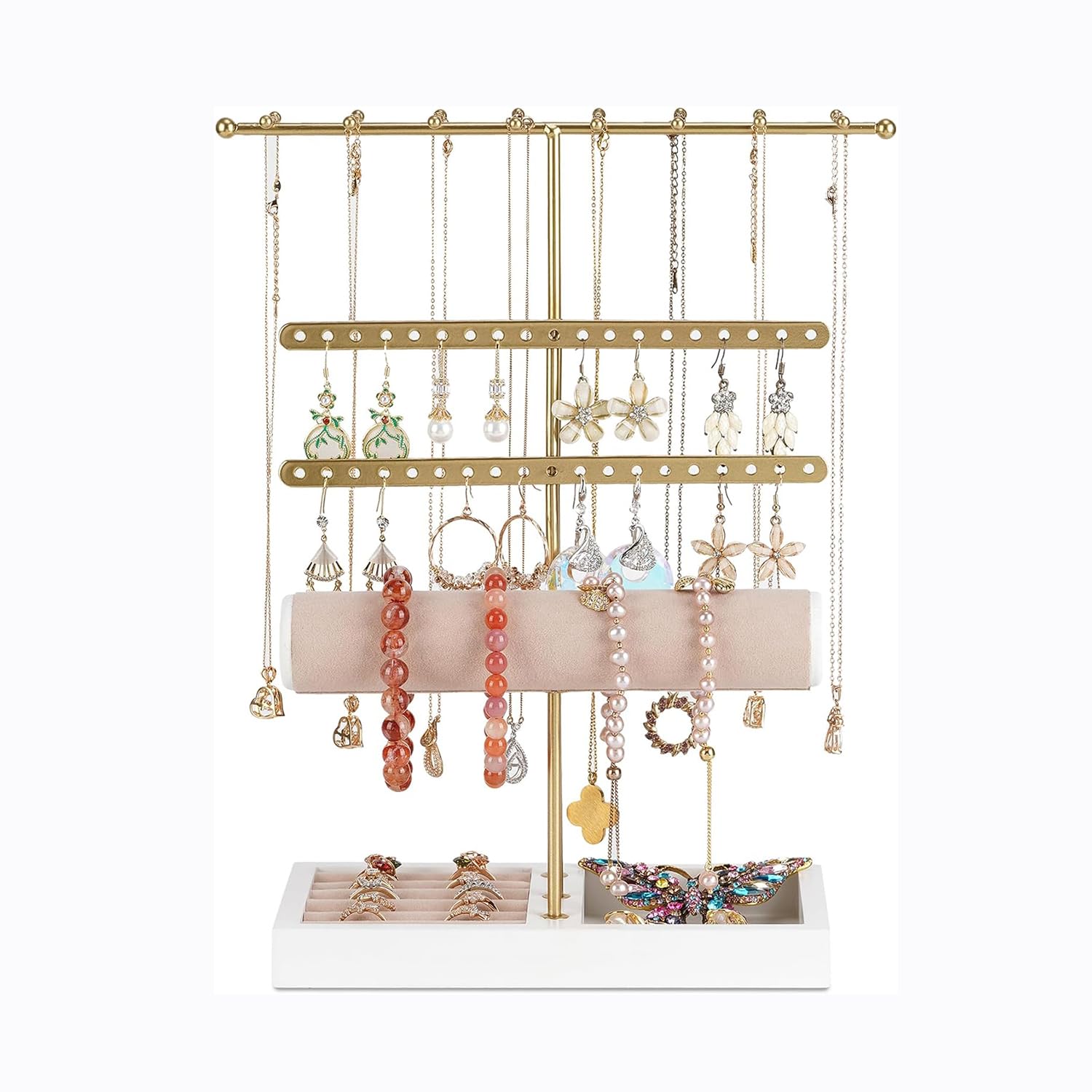 PAHOOJewelry Holder, 4-Tier Gold Jewelry Organizer, Jewelry Display Stand with Metal Frame and Velvet Tray, Necklace Earring Bracelet Holder, for Studs, Rings, Gift Idea, Gift for Women