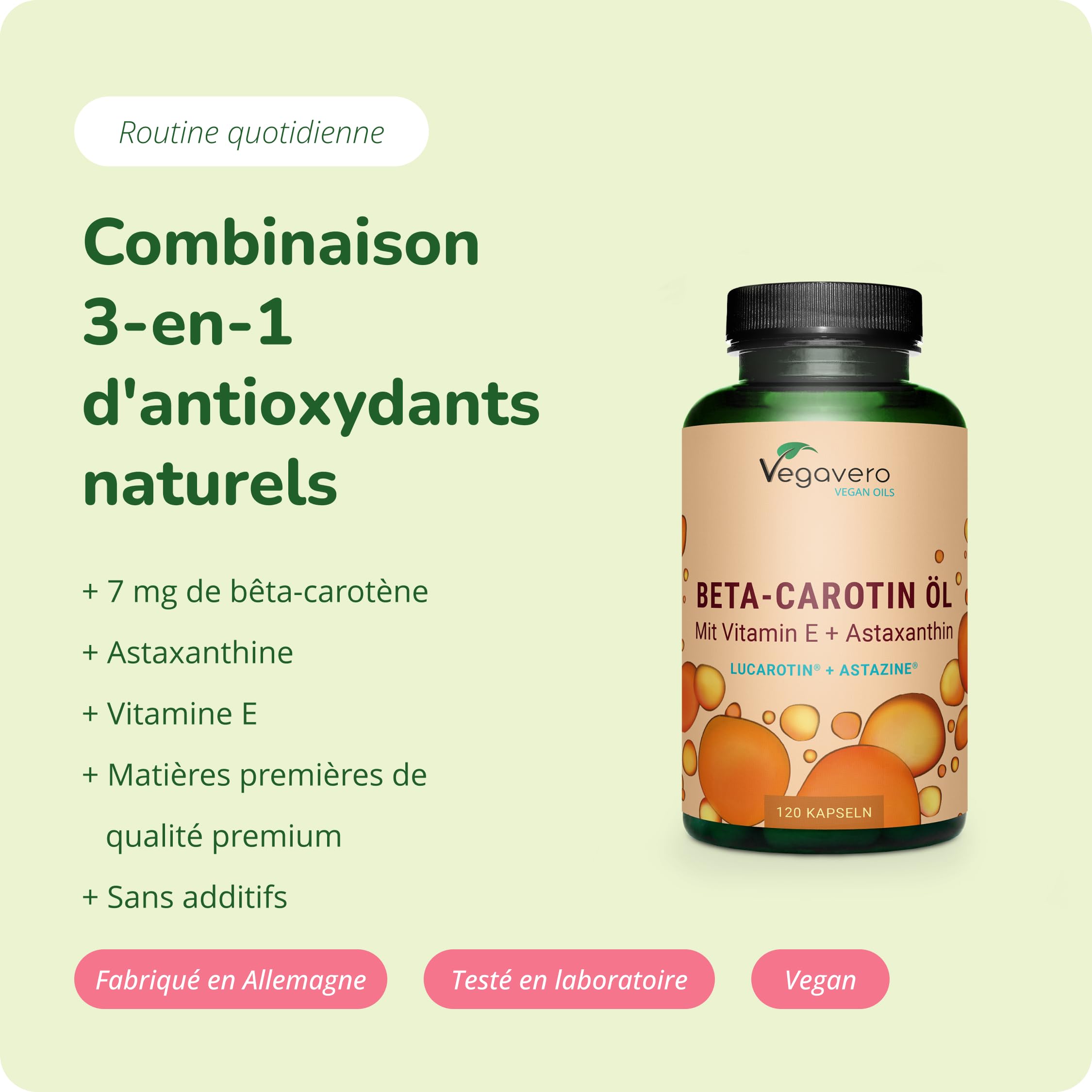 Complexe Bêta Carotène | Avec Vitamine E & Astaxanthine | 120 gélules (4 mois) | Qualité Supérieure : Lucarotin® B 30 SUN | Sans Additifs & Vegan | Protection Peau & Bronzage | Vegavero®