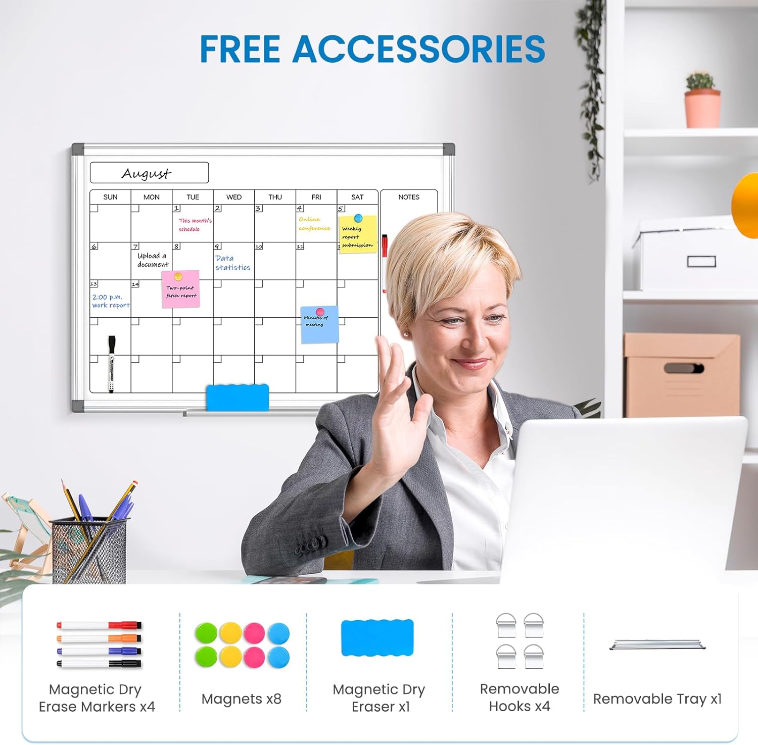 Monthly Calendar Dry Erase Whiteboard for Wall, 24" x 18" Magnetic Calendar White Board, Double-Sided Portable Board for Office, Kitchen, School, Home