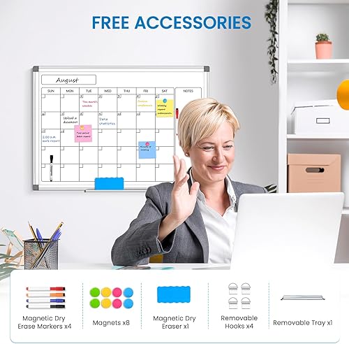 Vista 5 de Calendario mensual pizarra blanca de borrado en seco para pared, calendario magnético de 24 x 18 pulgadas, pizarra blanca de doble cara para Marco
