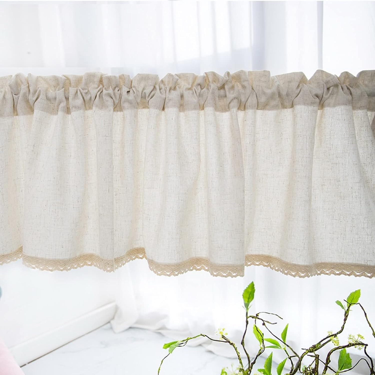 Short Curtain for Small Window Solid Beige Linen Cotton with Crocheted Lace Window Treatment Valance Window Panel Drapes Half Curtain for Kitchen Café Bedroom Cabinet Curtain Tier Curtain