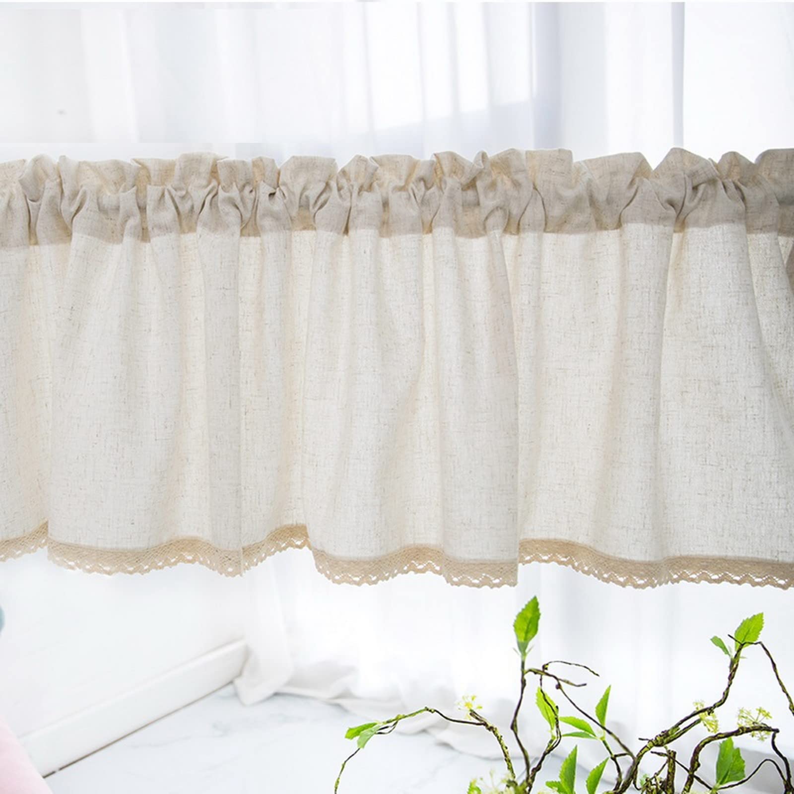 Rideau De Cuisine Court En Coton Lin - Dentelle Crochet Beige - 65x40 Cm - Pour Petite Fenêtre Ou Meuble Bas