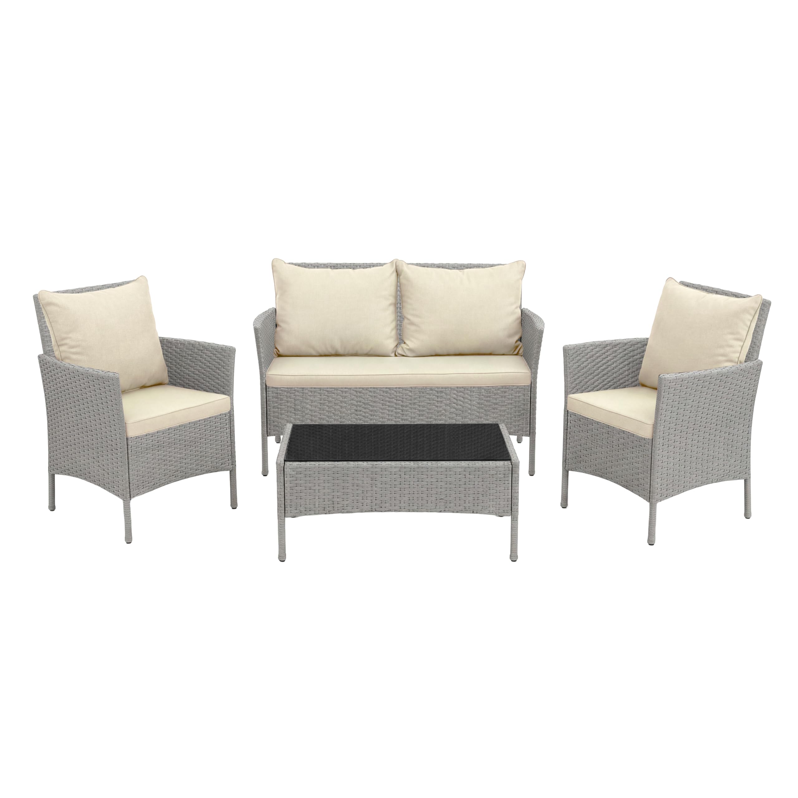 POKAR Salon de Jardin Rotin Gris avec Coussins Assise et Dossier Beige