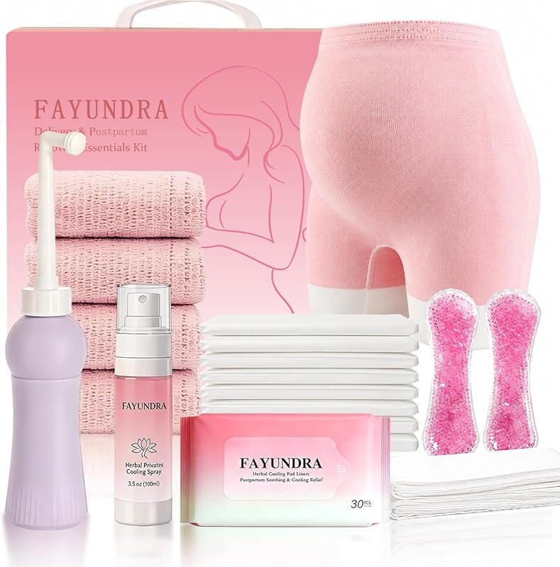 Kit de cuidados pós-parto FAYUNDRA com frasco peri, spray refrescante, roupas íntimas descartáveis, absorventes e bolsas térmicas