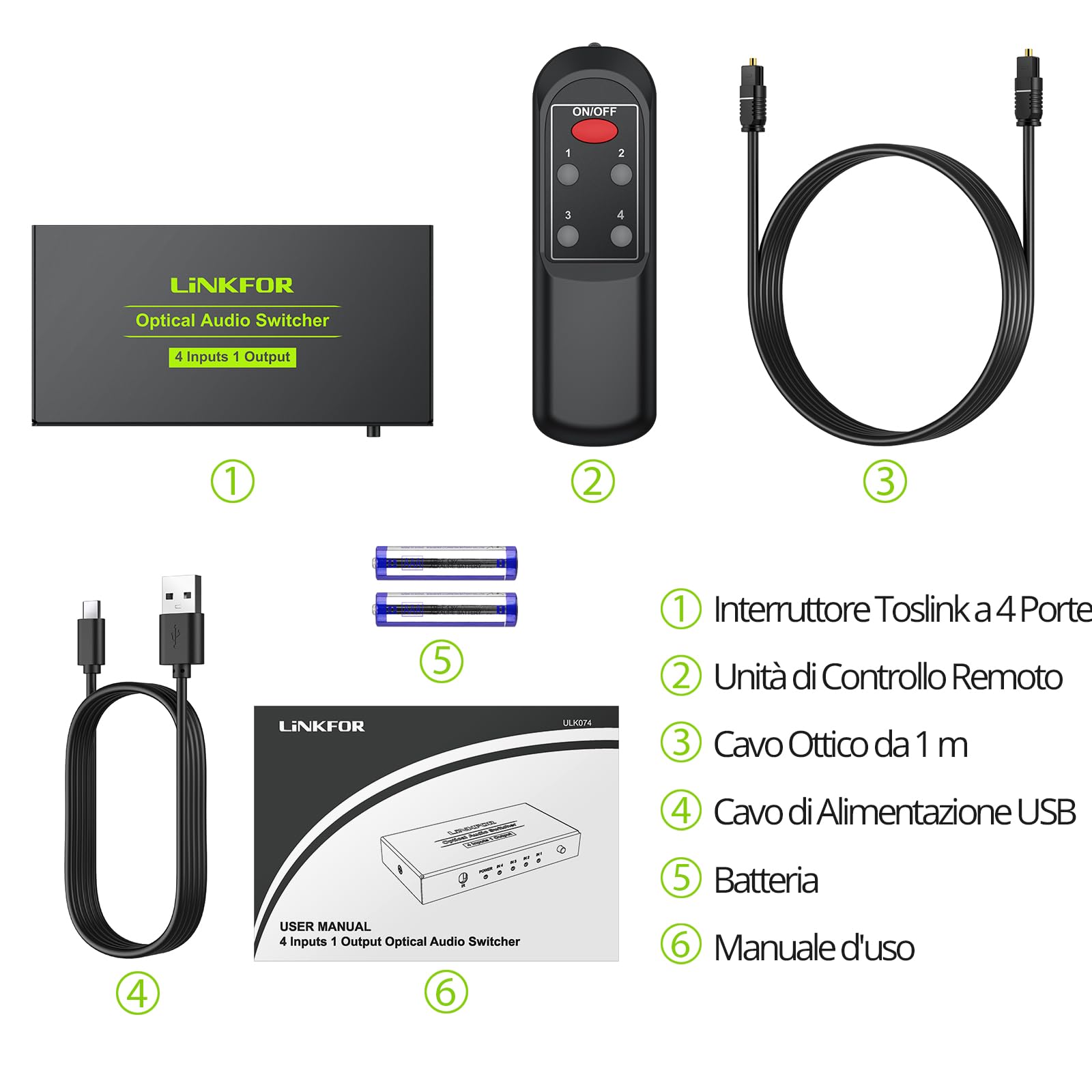 LiNKFOR 4x1 Switch Toslink SPDIF con IR Telecomando Supporto PCM2.0 DTS Dolby-AC3 Switcher Commutatore Audio Digitale 4 in 1 out in Lega di Alluminio Funziona Memoria con Cavo USB per PS3 DVD HDTV