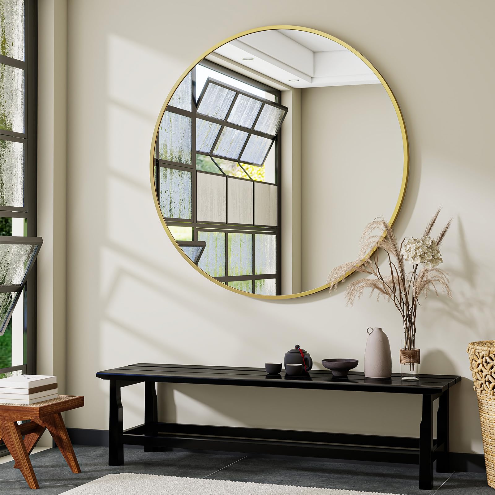 Koonmi Miroir Rond De Luxe 81 Cm - Cadre Profond Doré & Métal Brossé Noir - Miroir Mural Pour Salle De Bain, Salon Et Entrée