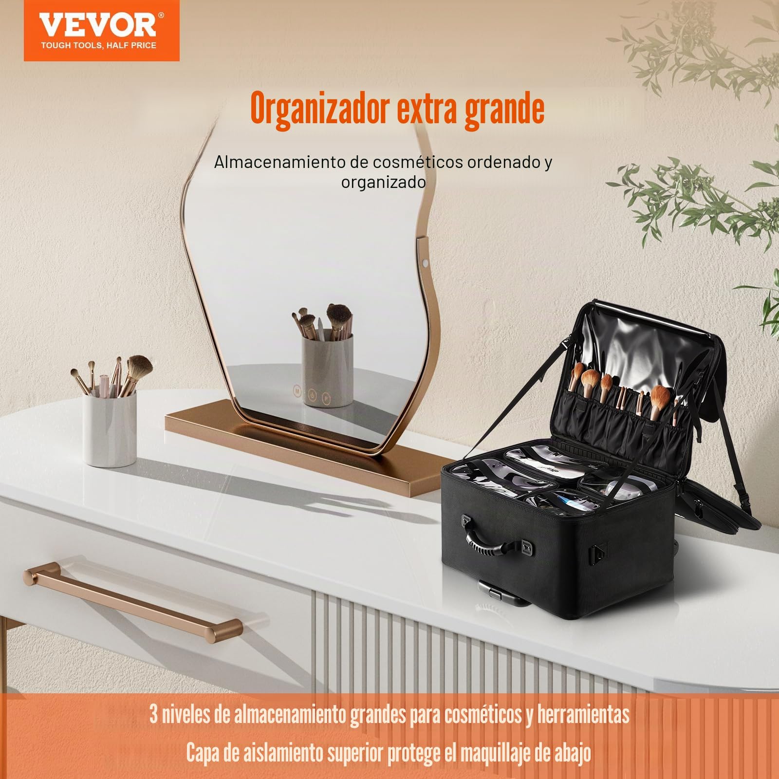 VEVOR Estuche de Maquillaje con Ruedas 3 Niveles, Maleta de Almacenamiento de Transporte con Asas Correa, Caja Bolsa de Maquillaje Oxford Impermeable Negro