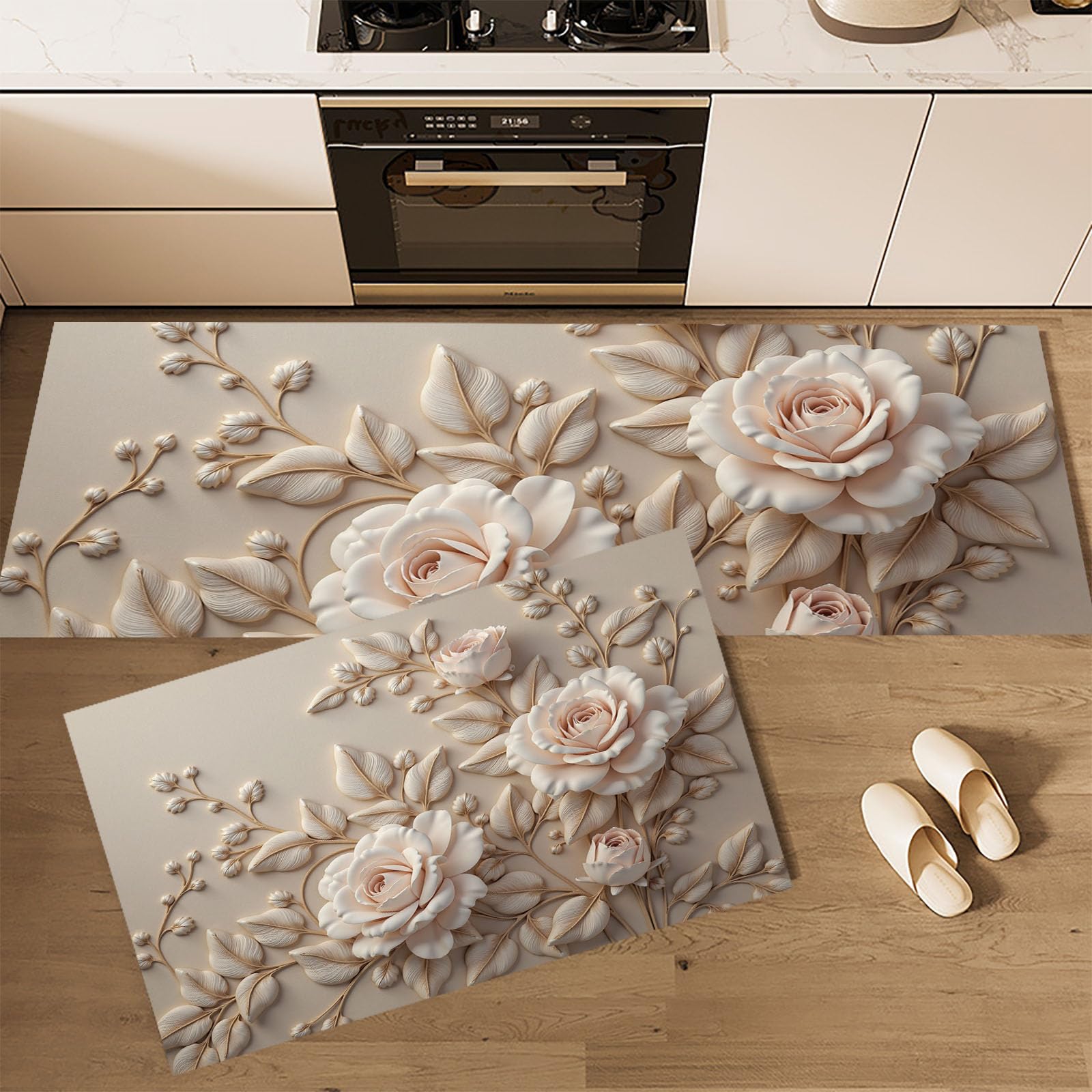 Tapis de cuisine antidérapant beige lot de 2 avec motif roses en relief 3D vigne