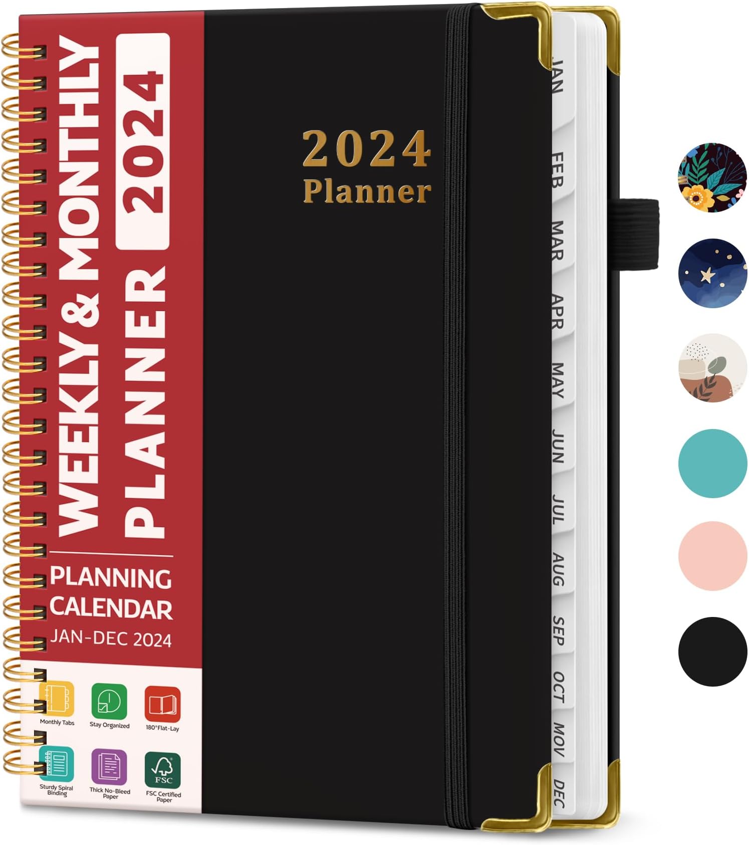 2024 Planner - Weekly and Monthly Planner Spiral Bound, Jan 2024 - Dec 2024, A5 (6.7in x 8.6in), Planner 2025 with Tabs, Inner Pocket, Helps To Keep Track Of Tasks - Black
