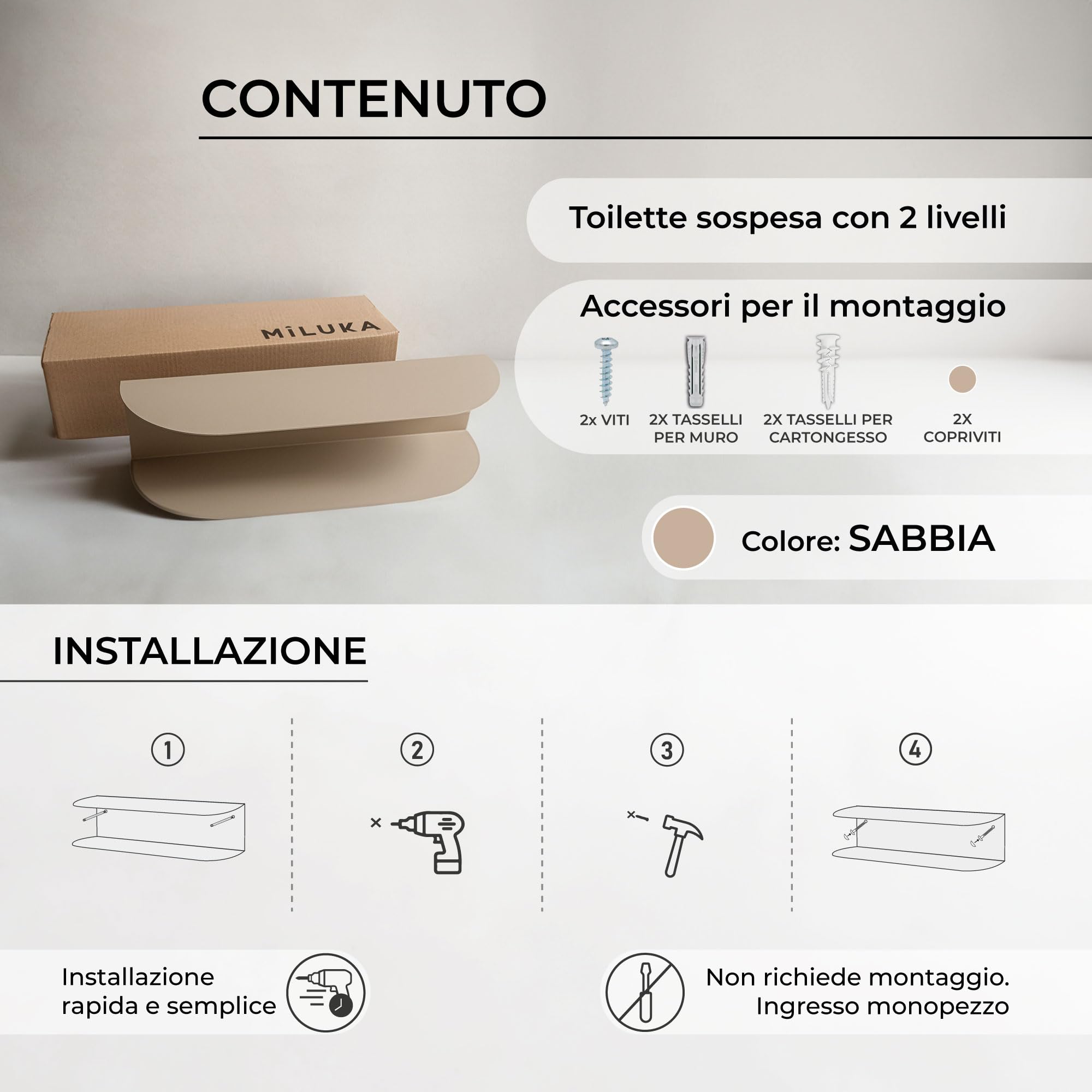 MILUKA Consolle Ingresso Moderno 60 cm in Metallo Beige Sabbia | Mensole da Muro Design a 2 Livelli per Mobile Ingresso, Comodino Sospeso o Toletta Trucco | Modello Ovva