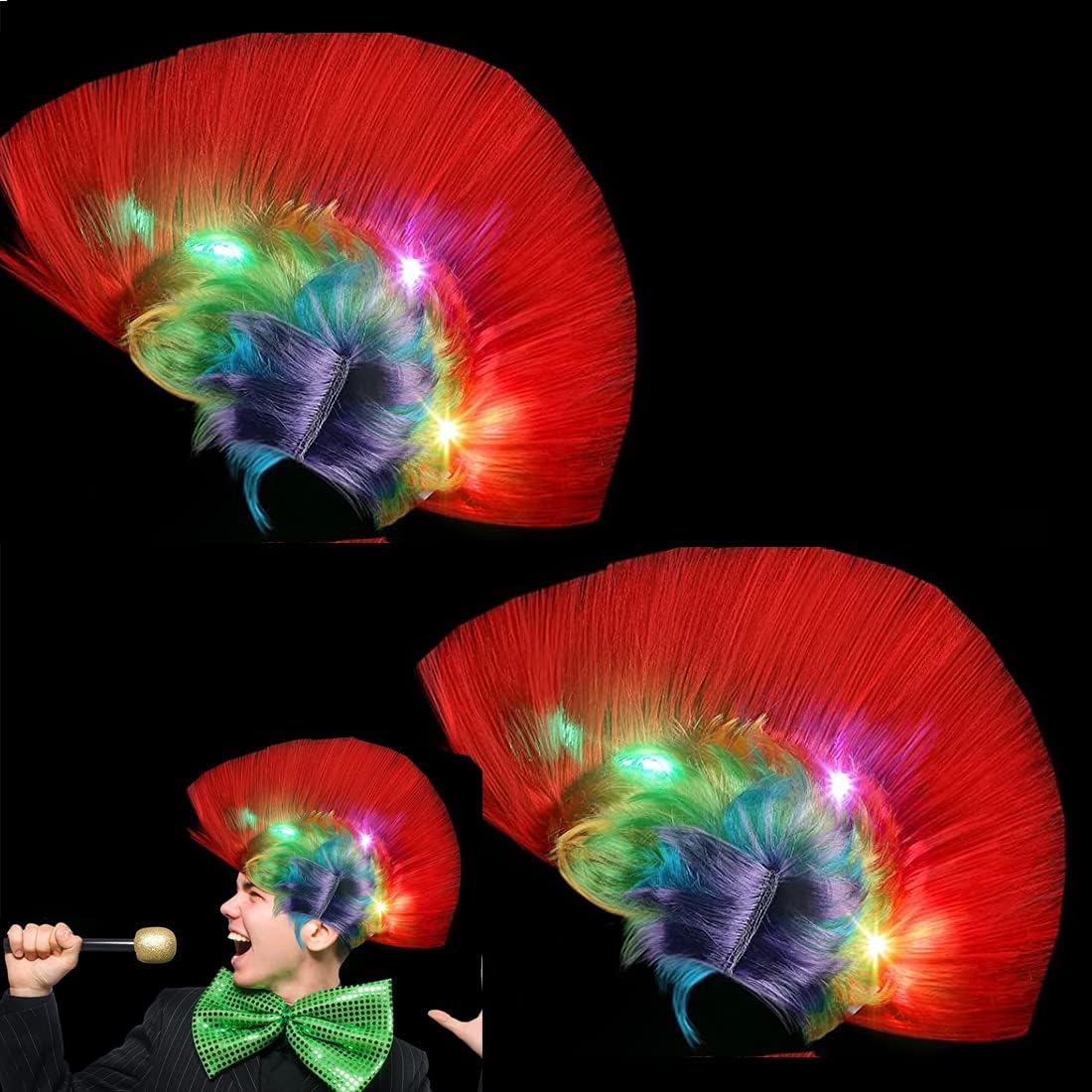 ExceforePunk Rock Red Mohawk Wig with Blinking LEDs - Colorful Fluffy Costume Accessory for Kids & Adults, Perfect for Parties & Photo Booths