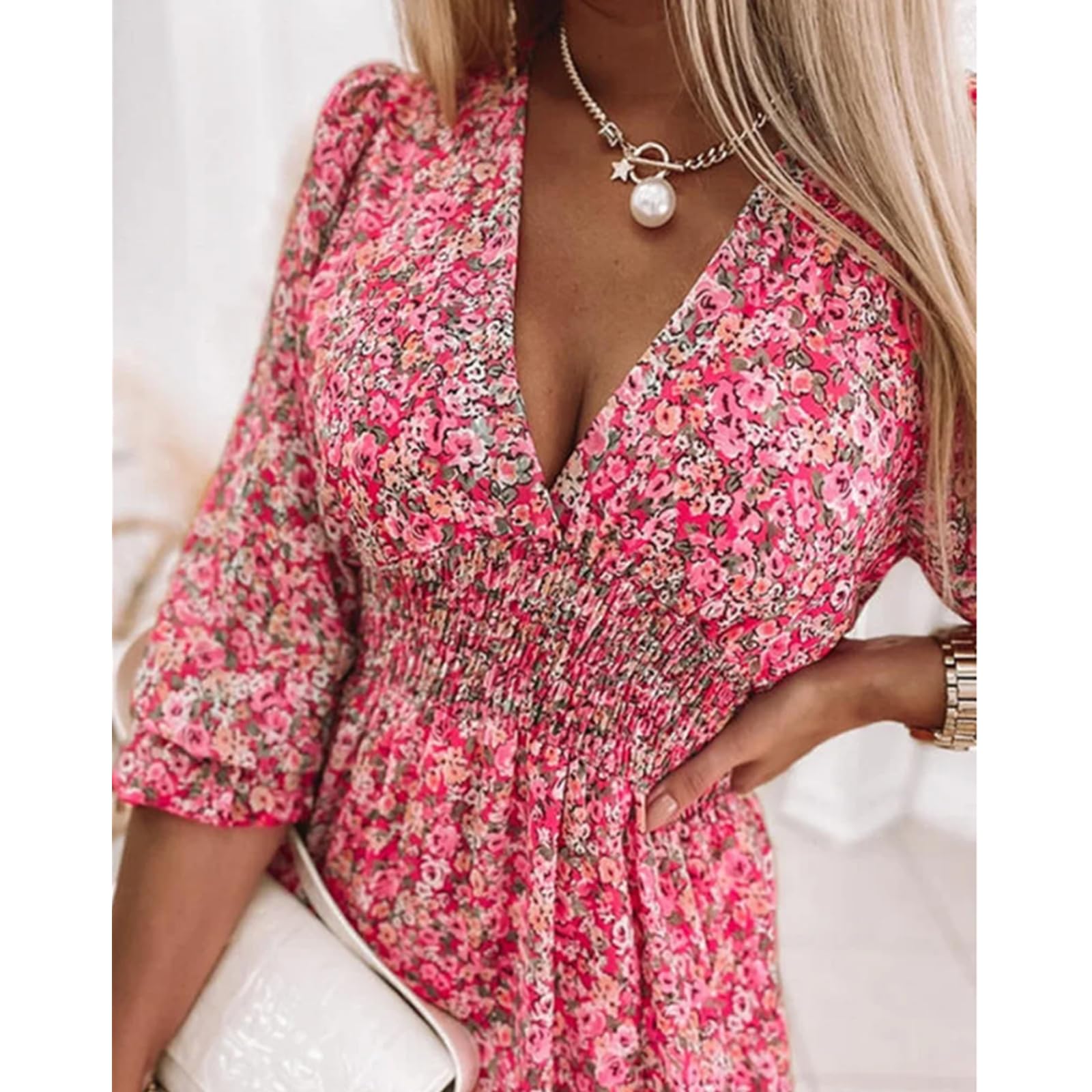 Aumentar el Tamaño de Los Chalecos de Cuello V de Manga de Burbuja de Verano Estampados Vestidos de Manga Corta con Flores Delgadas en Forma de a, HUTALIM, Verde, 3XL