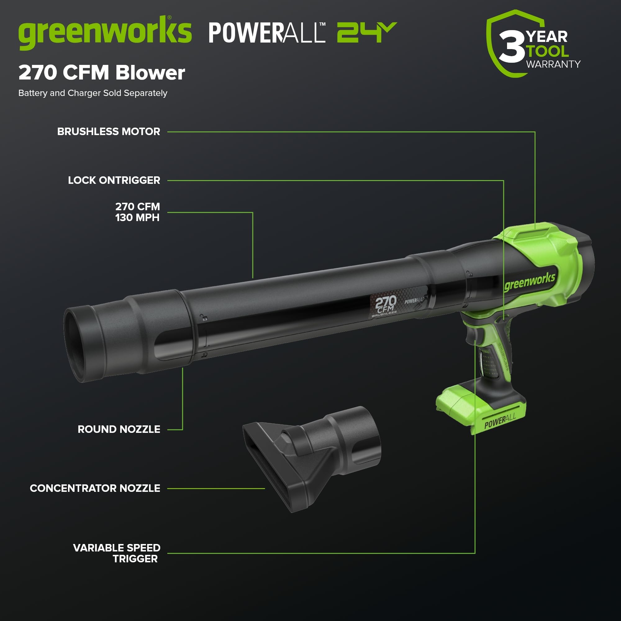 Greenworks 24V Soffiatore per Foglie a Batteria, 209km/h 7,65m³/min Potente da Giardino & Auto, Leggero & Compatto, Velocità Variabile con Blocco, Senza Batteria BLH22SA1