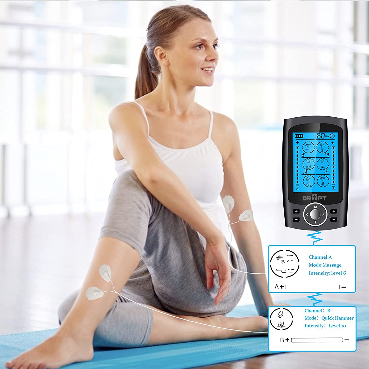 DR PT Smart Muscle Massager Dual Channel TENS EMS Unit for Pain Relief Therapy, Electronic Pulse Massager 10 Pads, Dust-Proof Drawstring Storage Box,Fastening Cable Ties, Battery Powered, Black