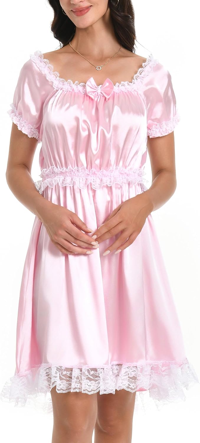 Satini Lingerie Satin Sissy Babydoll Ruffles Frilly Lace Slip Nightwear Dress - Image 2