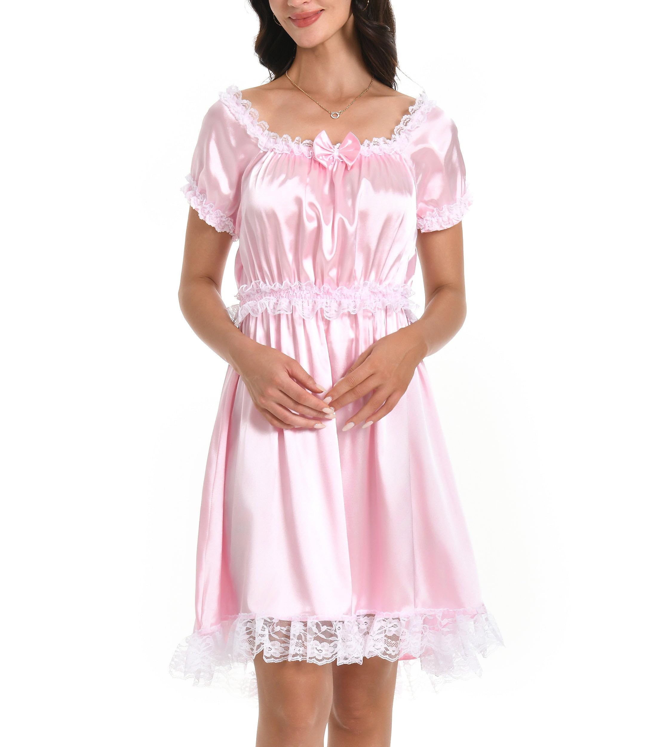 Satini Camisón Sissy Raso Encaje Estilo Doncella | Falda de Vuelo, Lazo a Juego, Cintura Elástica, Puños Fruncidos, Sin Cremallera, Cosplay y Crossdressing, Tallas S-XXL