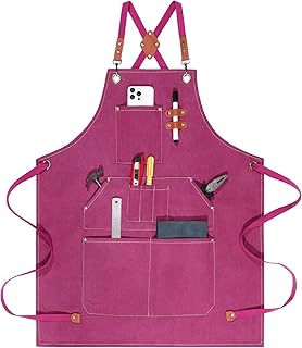 Work Aprons for Men Women with 9 Pockets Chef Apron 14oz Cotton Canvas Cross Back Aprons Heavy Duty Apron Pink Tool Apron for Woodworkers Kitchen Cooking Apron Waterproof Apron Size M to XXL