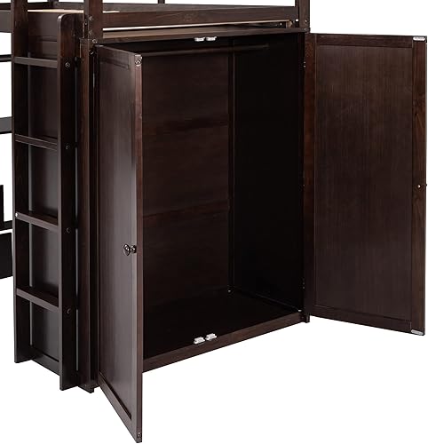 Miniatura 51 de Cama alta funcional tamaño individual con 2 cajones y 2 armarios, base de cama de madera maciza con barandilla de seguridad y escalera de