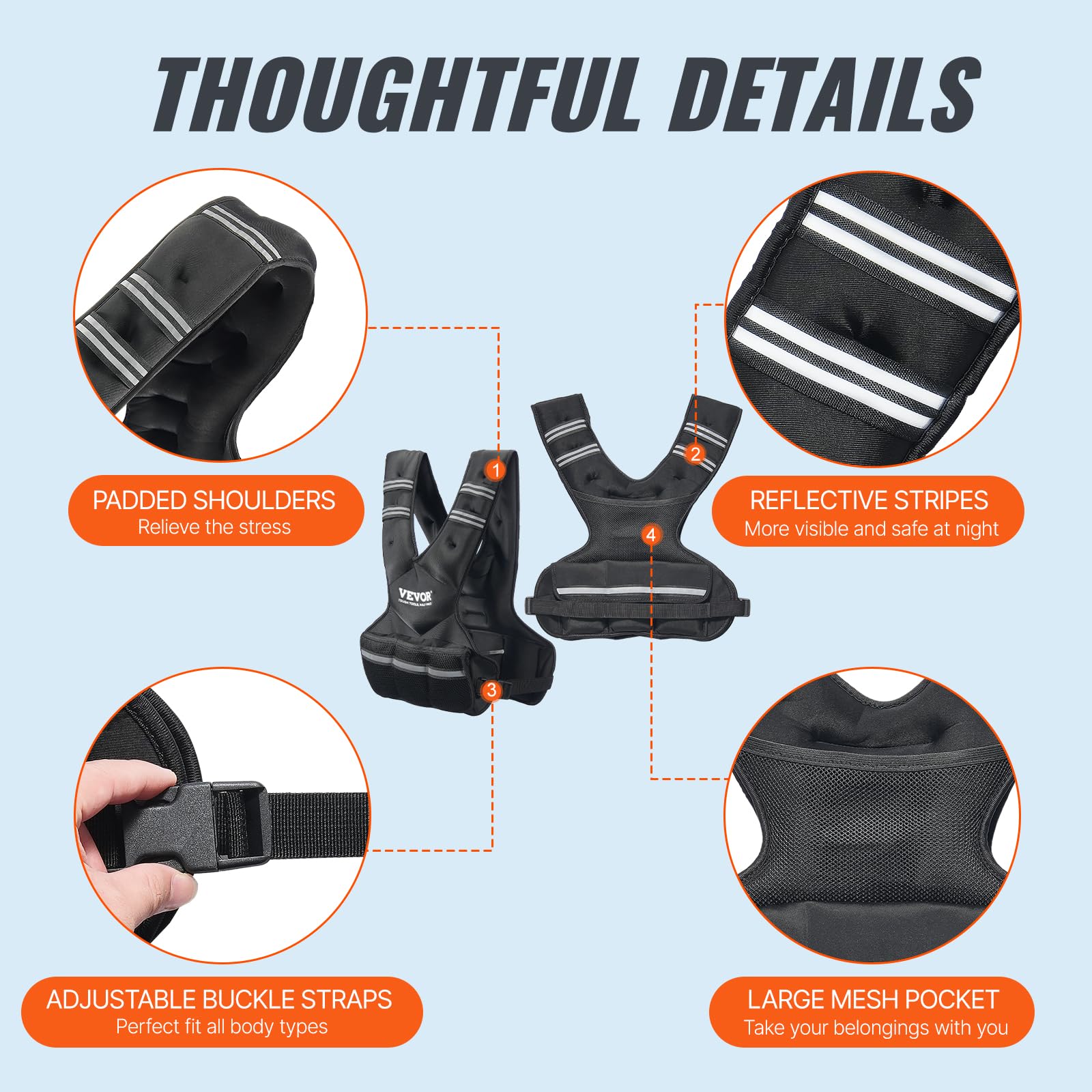 VEVOR Gilet lesté réglable 9 à 14,5 kg, veste de poids avec 6 packs de poids en granulés de fer et bande réfléchissante pour hommes et femmes, équipement d'entraînement pour musculation, course à pied
