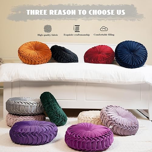 Miniatura 6 de Almohada redonda de 15.7 pulgadas, suave y redonda, hecha a mano, plisada, cojín redondo para sofá, almohada decorativa de terciopelo para sofá,