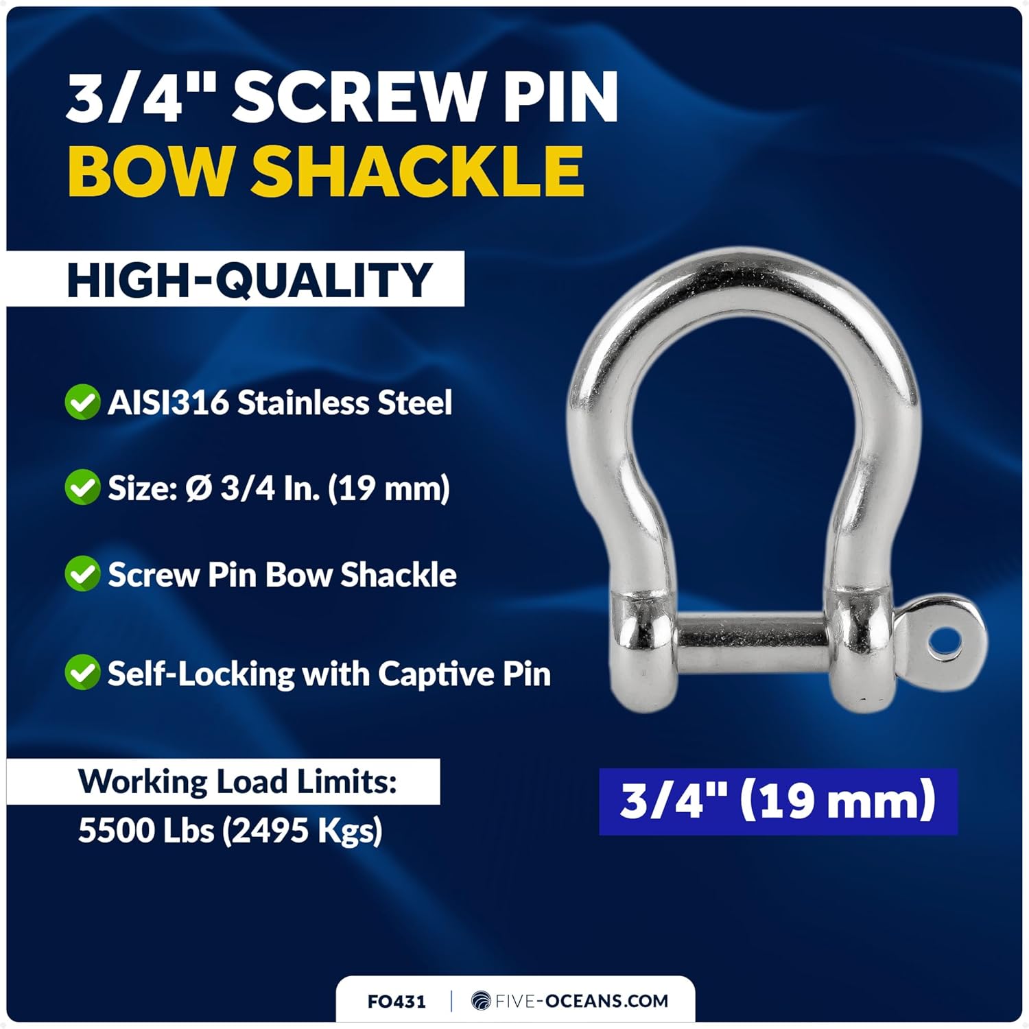 Five Oceans Screw Pin Anchor Shackles, Heavy Duty Stainless Steel Bow Shackle, Rugged D-Ring for Towing, Boat, Sailboat