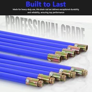 Drain Rod Set 14pcs – Professional Drain Unblocker with Carry Bag – Heavy Duty Rods with Brass Connectors, Auger, Plunger & Worm Screw for Blocked Pipes