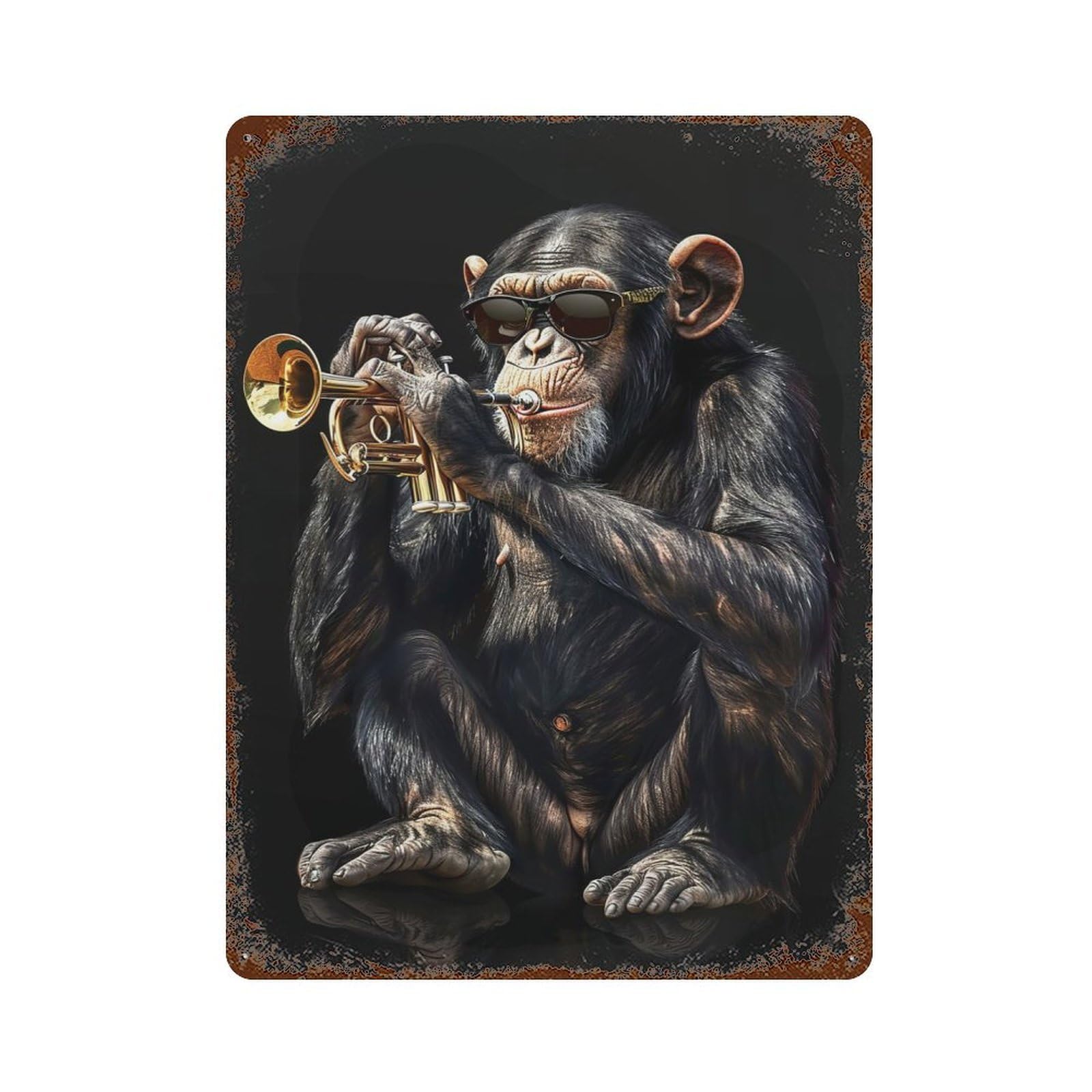 Distressed Metal Wall Sign Chimpanzee Trumpet 15.7"x11.8", Vintage Wall Decor for Garage, Bar And Workshop Decor