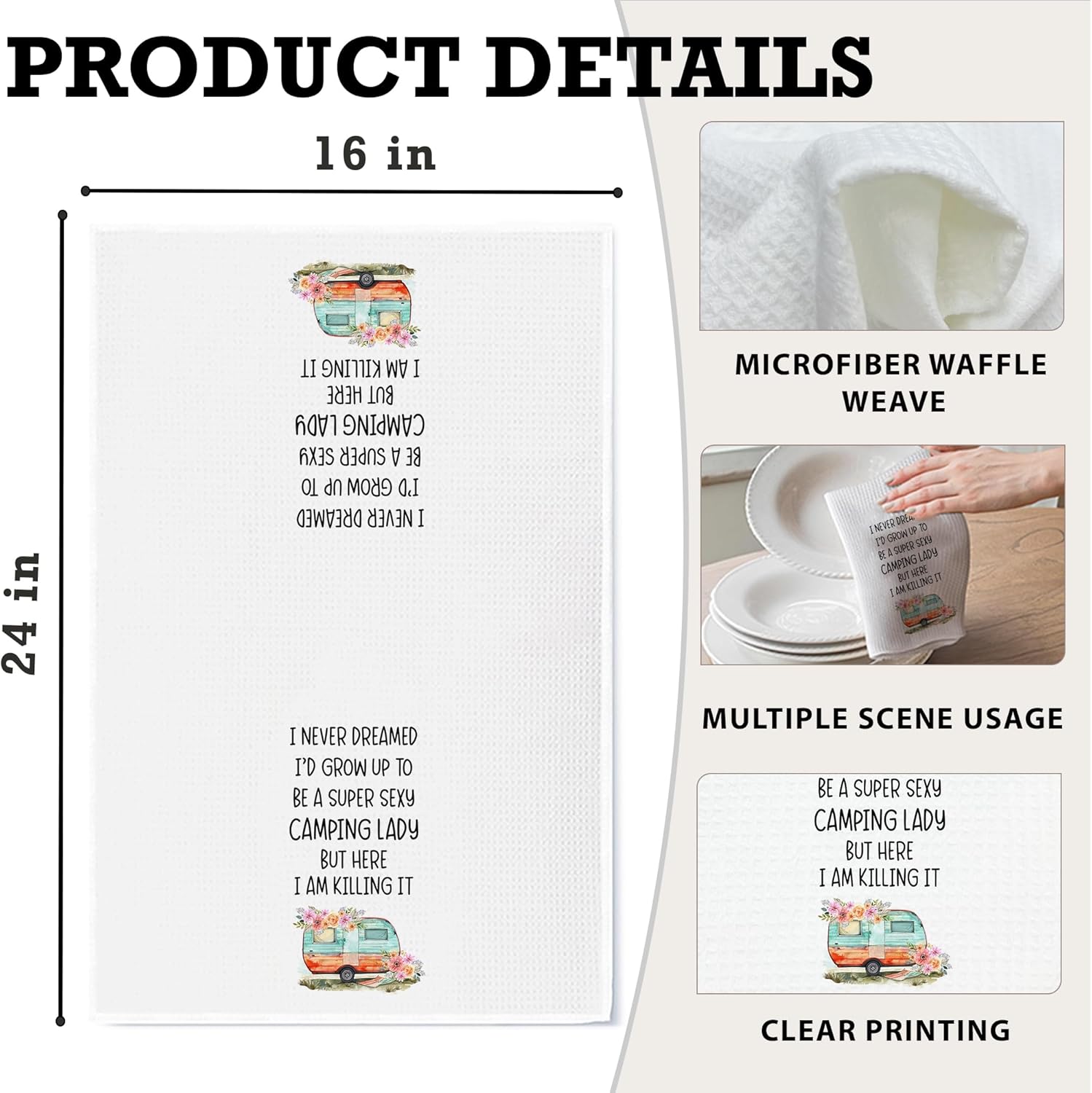 Camping Kitchen Towels 16x24 Waffle Weave, I Never Dreamed I’d Grow Up to Be a Super Sexy Camping Lady Dish Towels, Camp RV Gifts for Women, Gifts for Campers -A01 - Image 2