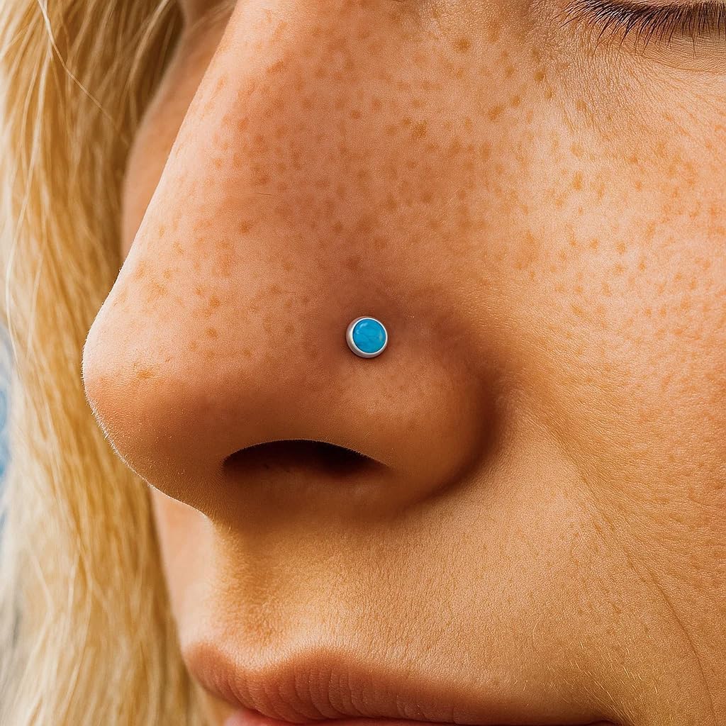 ALOME PIERCINGS Sterling Silver Nose Stud 3mm Turquoise Opal – L Shape Nose Ring Stud for Women – 925 Silver Tiny Nose Piercing Jewelry Pin – Hypoallergenic Handmade Nose Stud - Image 2