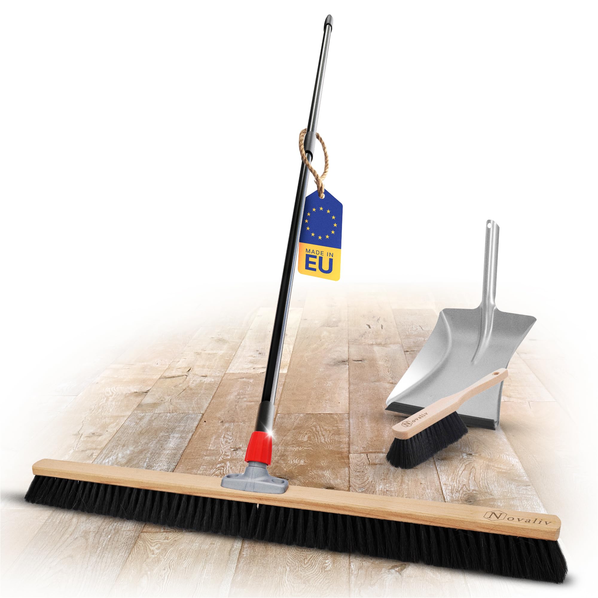 Novaliv Scopa grande, 100 cm, con manico telescopico, setole sintetiche, con scopa zincata, con bordo in gomma, composto da paletta e spazzola, scopa industriale con manico