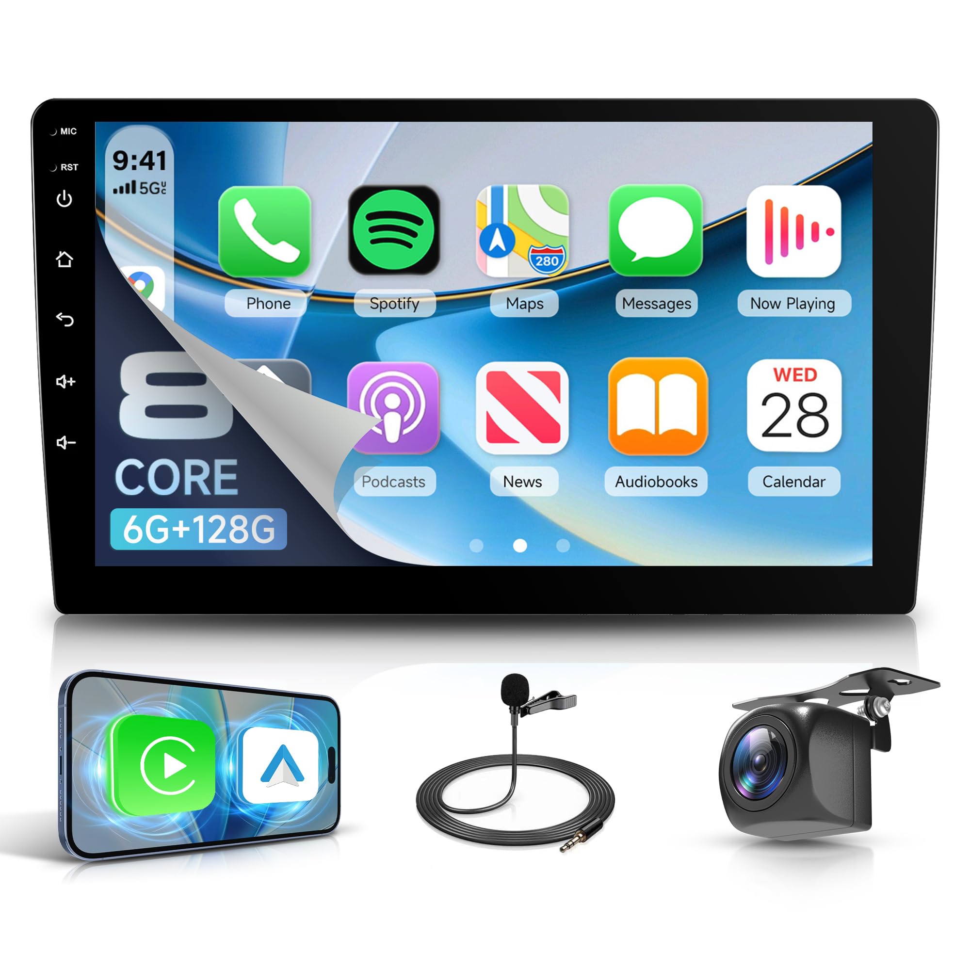 [6G+128G 8 Core] Rimoody Android Radio de Coche 2 DIN, 9 Pulgadas Pantalla Táctil Radio 2 DIN con Carplay Android Auto Inalámbrico Mirror Link Bluetooth FM/RDS/EQ/DSP WiFi GPS Cámara Trasera