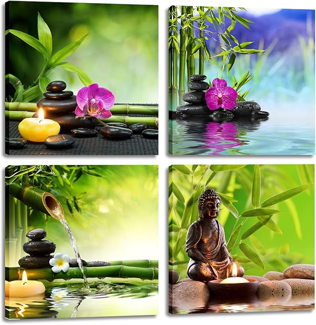 Canvas Prints Zen Wall Art - Spa Decor Buddha Posters Green Bamboo Stone Orchid Kitchen Bedroom Paintings Home Office Decorations for Living Room 4 Panel Pictures 12 x 12 Inches Framed Modern Artwork